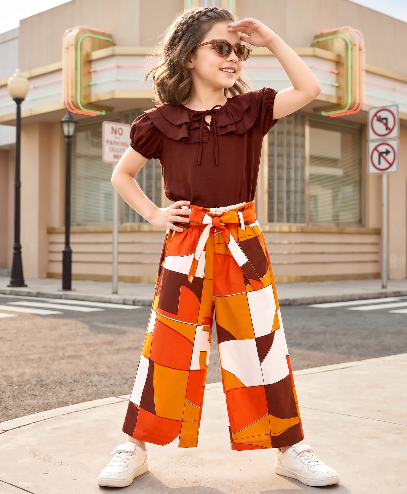 OLLINGTON ST. Woven Rayon Half Sleeves Top With Frill & Printed Culottes Set - Brown & Multicolour-image-4