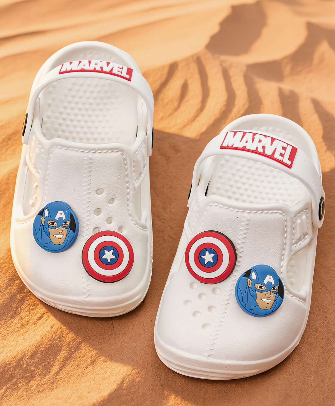 Yellow Bee Marvel Featuring Captain America Applique Detailed Perforated Slingback Clogs - White-picture-18