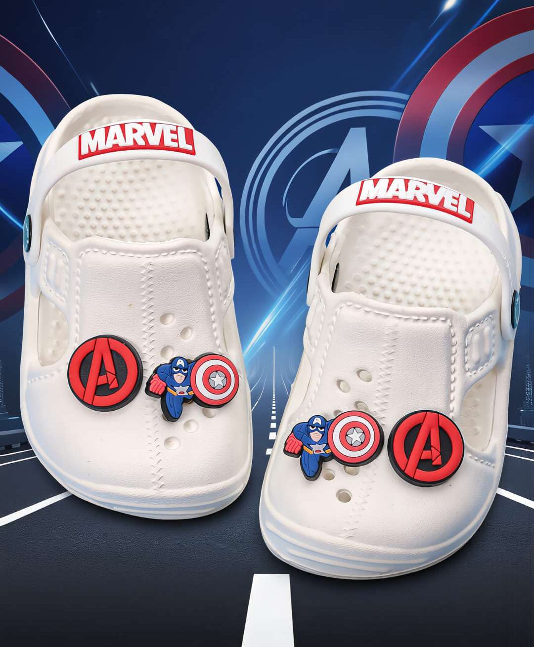 Yellow Bee Marvel Featuring Captain America Applique Detailed Perforated Slingback Clogs - White-picture-21