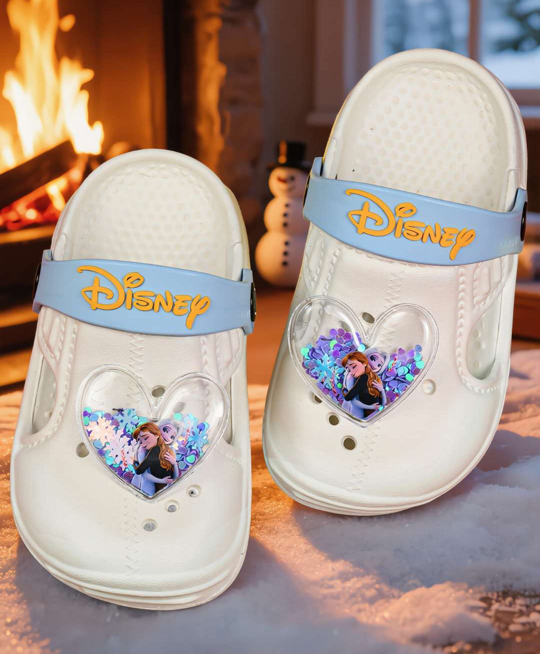 Yellow Bee Disney Featuring Elsa & Anna Applique Detailed Perforated Slingback Clogs - White-image-13