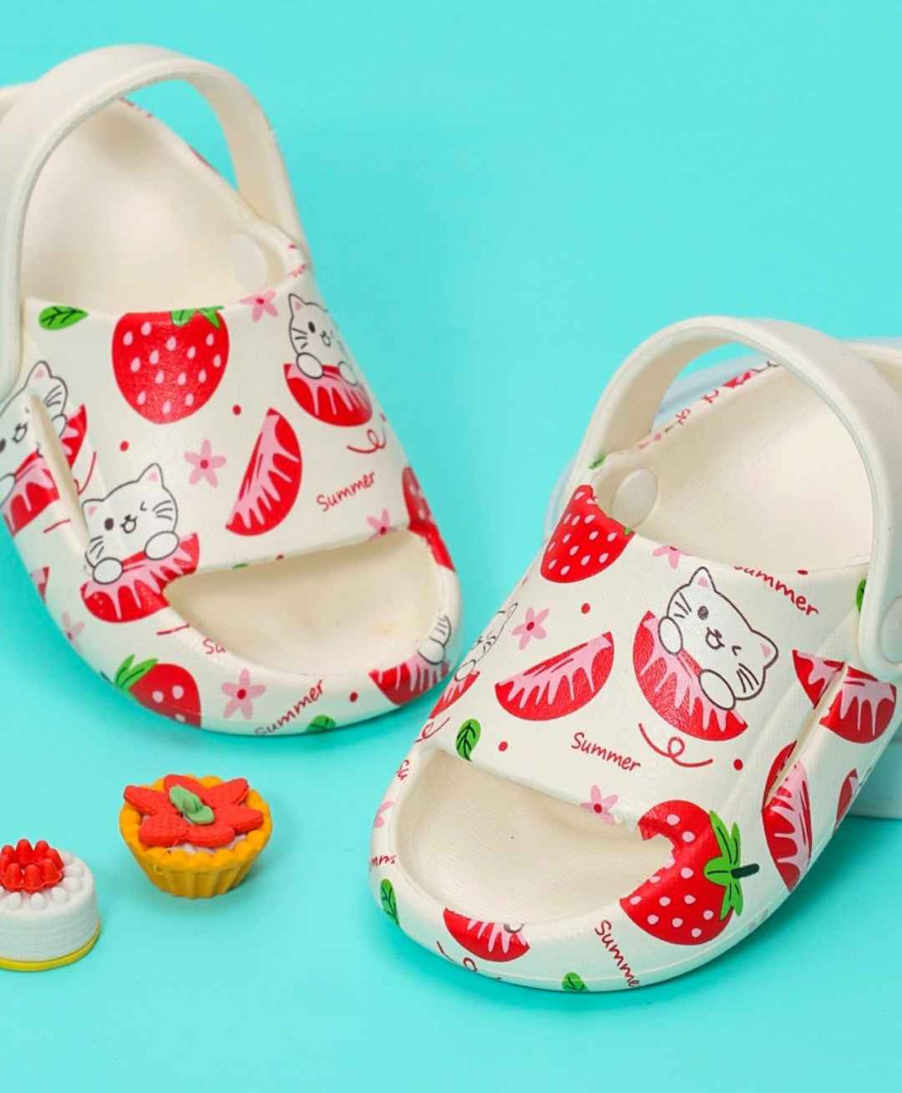 Yellow Bee Strawberries & Cats Printed Slingback Clogs - White-picture-7