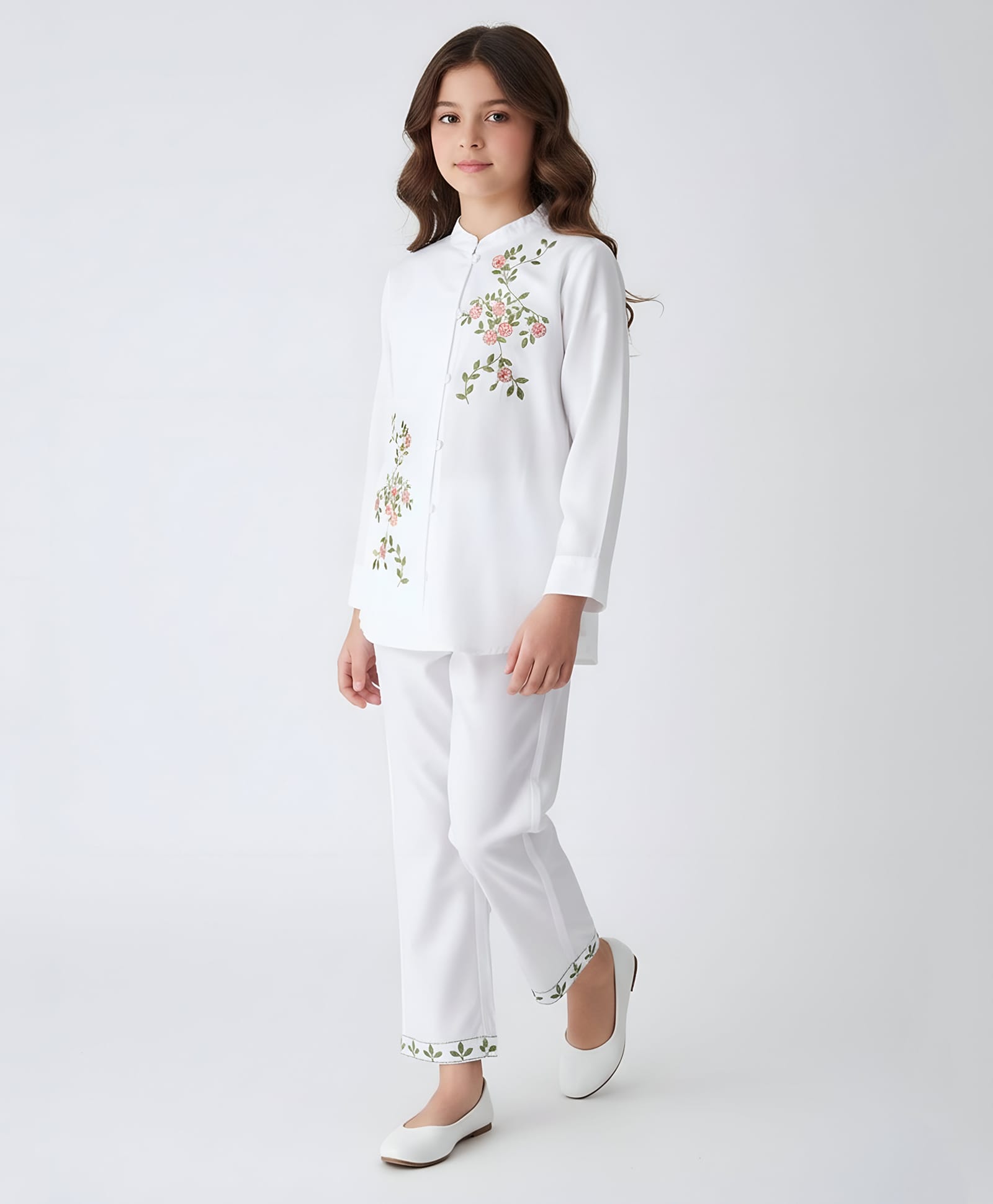 Bella Moda Cotton Woven Three Fourth Sleeves Floral Embroidered Shirt Style Top & Pant Set - White-picture-11