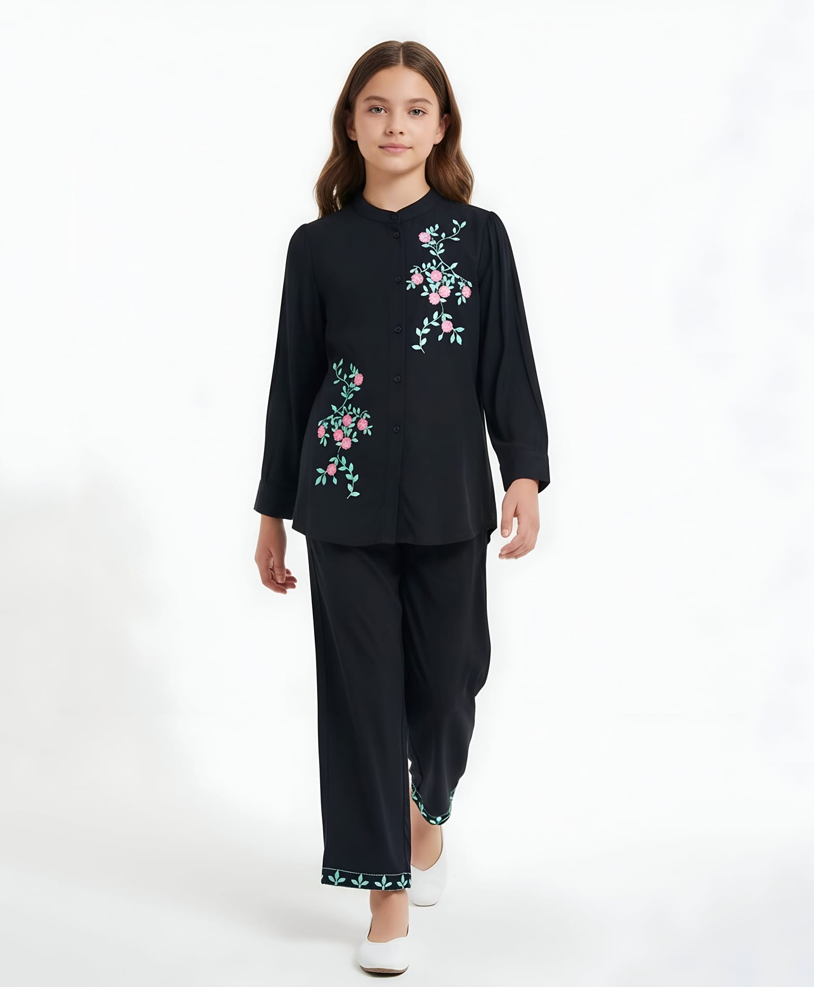 Bella Moda Cotton Woven Three Fourth Sleeves Floral Embroidered Shirt Style Top & Pant Set - Navy Blue-picture-25