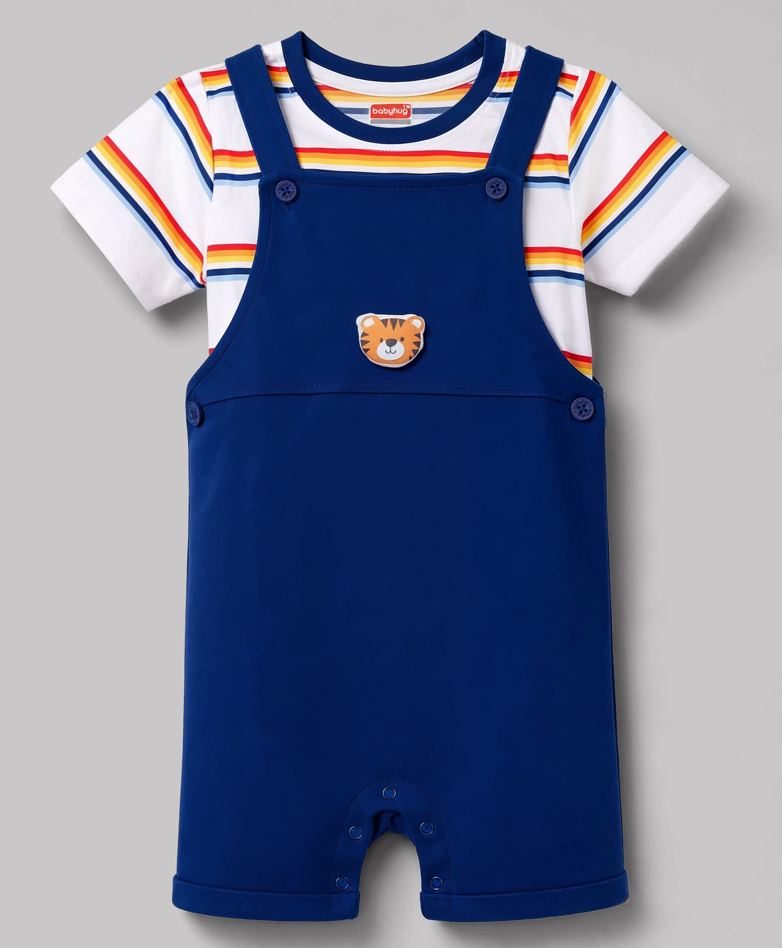 Babyhug Single Jersey Knit Half Sleeves Striped Dungaree & T-Shirt with Cub Face Applique - Navy-image-8