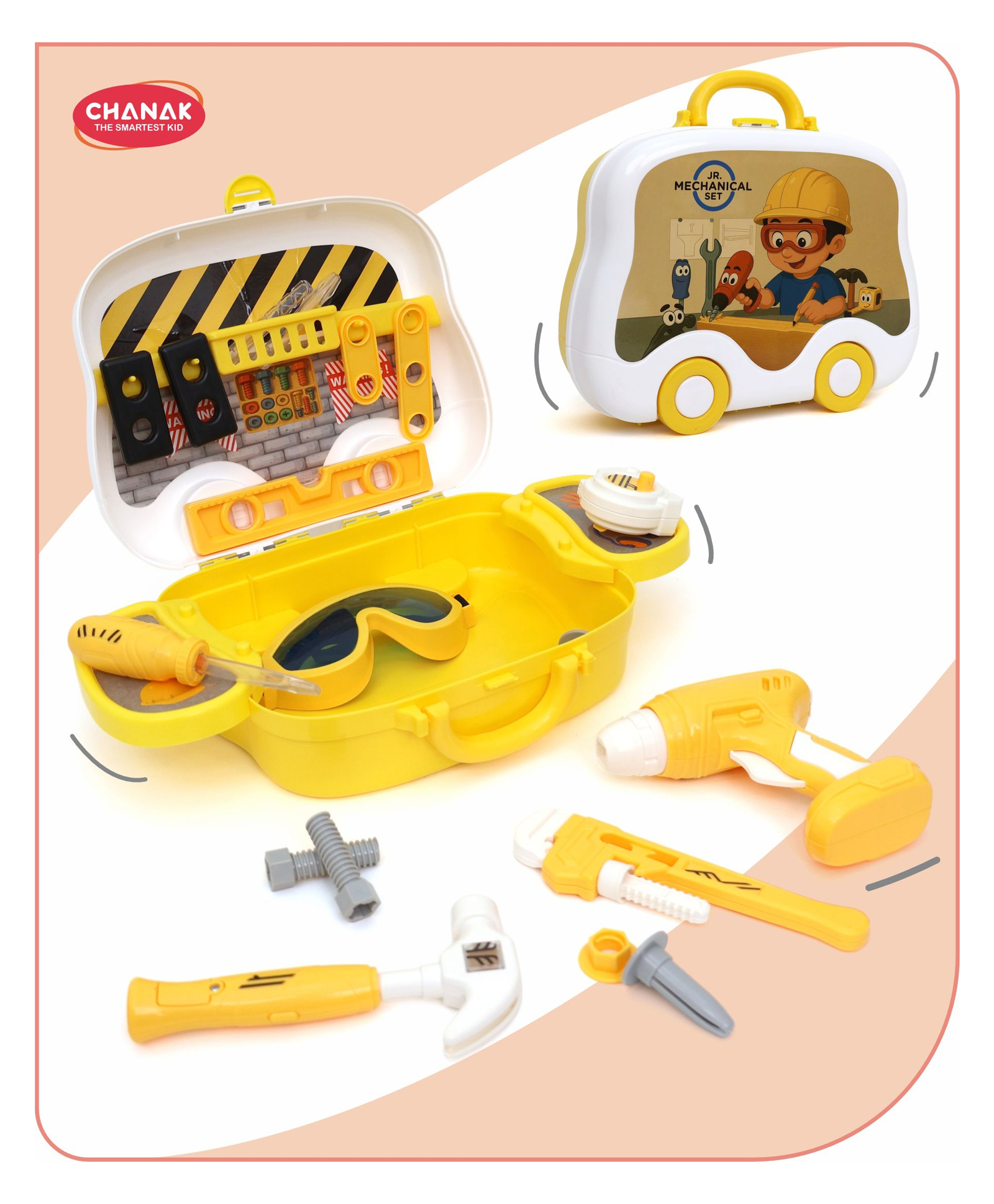 Aditi Toys Jr. Mechanical Set Wheel Briefcase for Kids, Mechanical Set with LED Light Instruments, Pretend Play Mechanical Set 24 Piece, BIS Approved - Yellow-picture-24