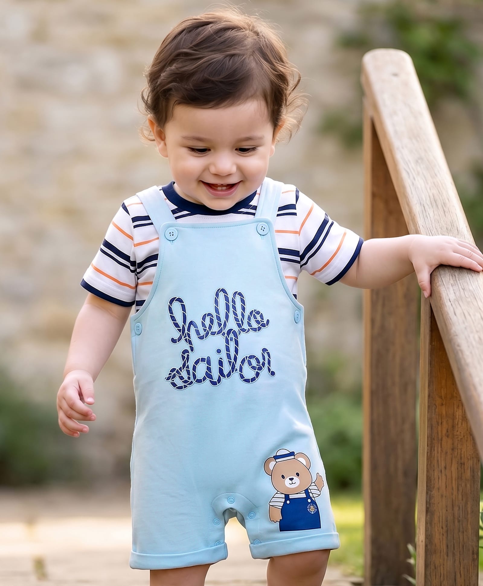 Babyhug 100% Cotton Knit Half Sleeves Striped & Bear Text Printed Dungaree With Inner Tee - Light Blue-image-28