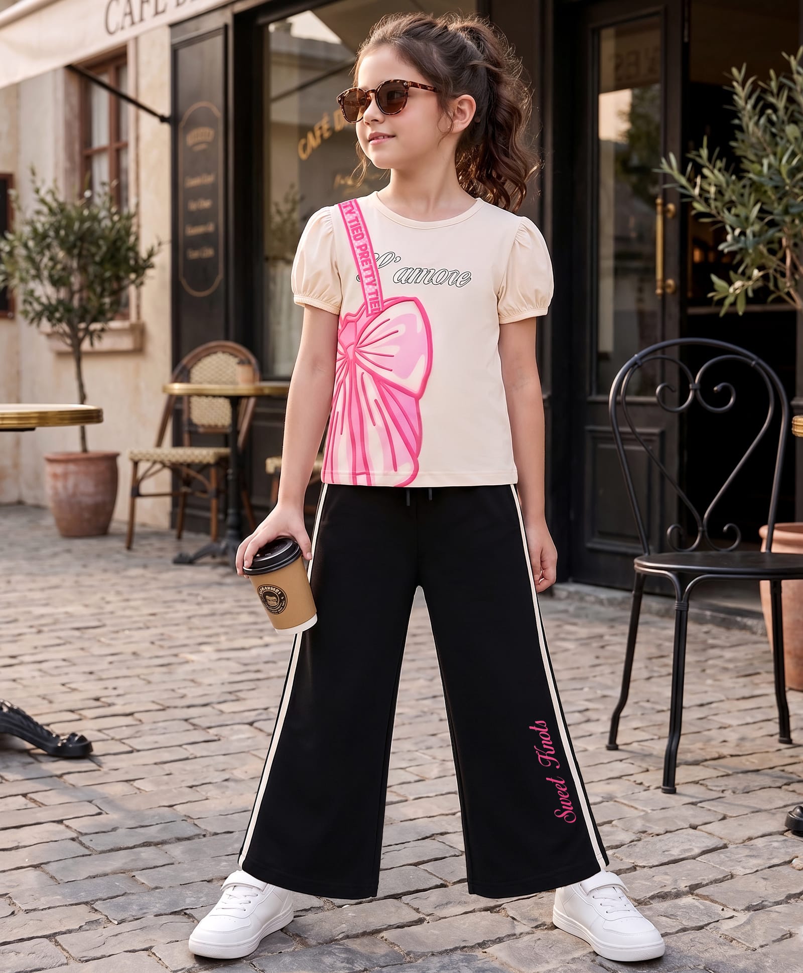 ollington st. cotton knit half sleeves top with print & culottes set - off white & black