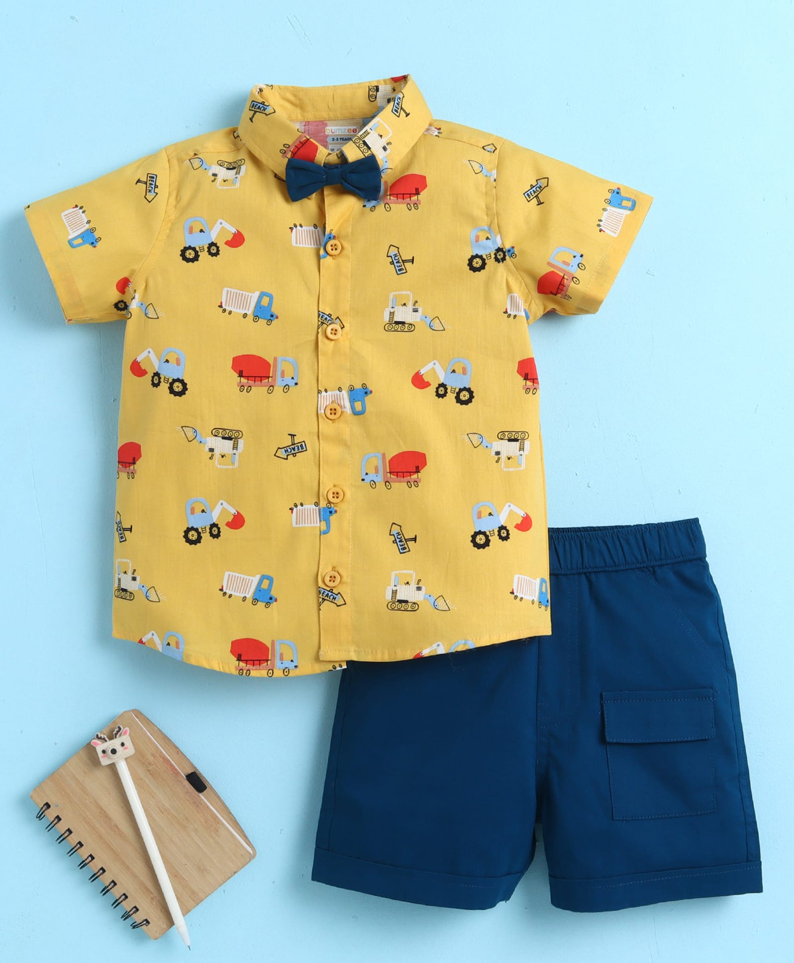 BUMZEE Cotton Knit Half Sleeves Vehicle Printed Shirt & Shorts Set With Detachable Bow - Yellow & Teal Blue-image-7