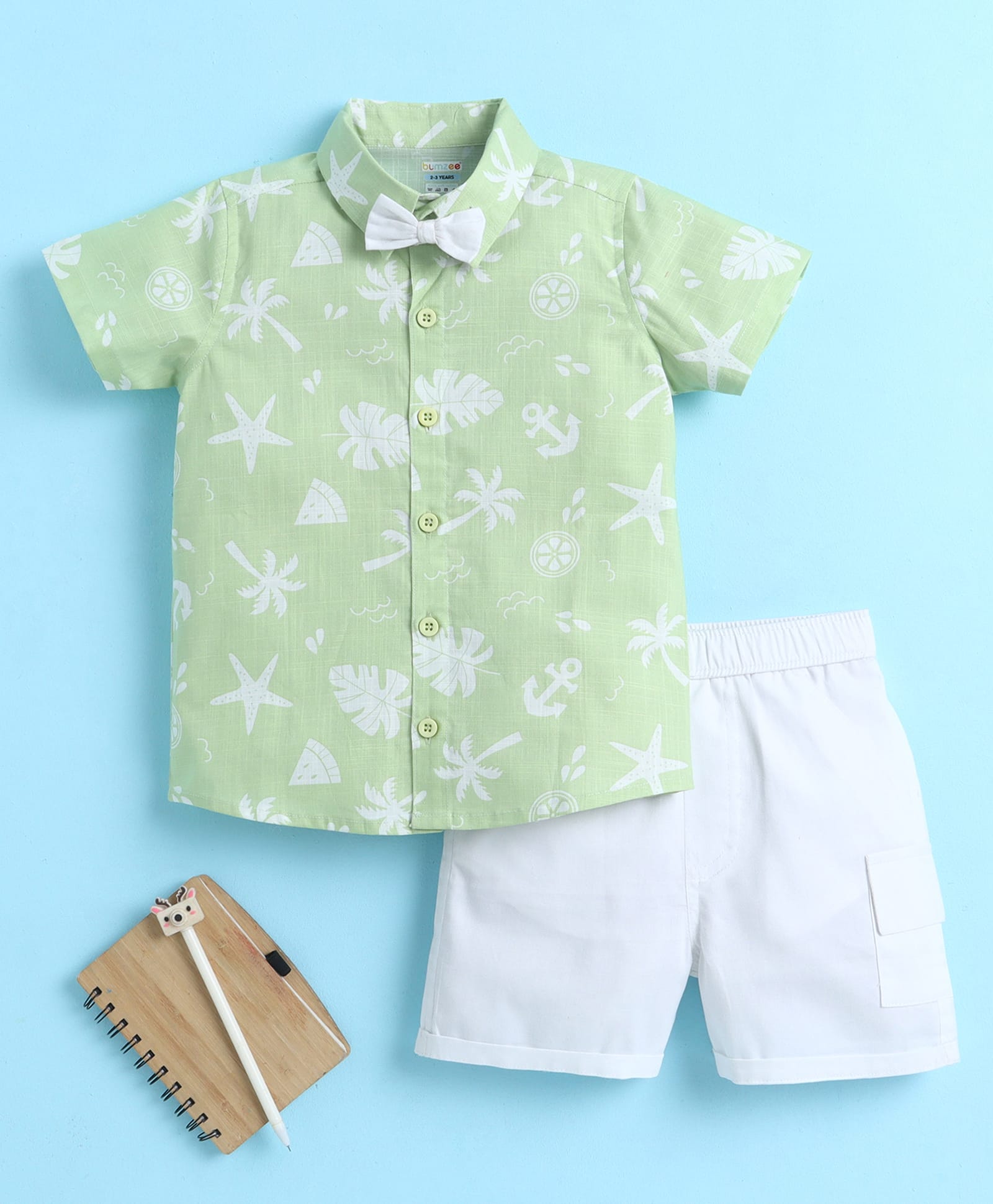 BUMZEE Cotton Knit Half Sleeves Anchor & Palm Tree Printed Shirt & Shorts Set With Detachable Bow - Green & White-picture-28