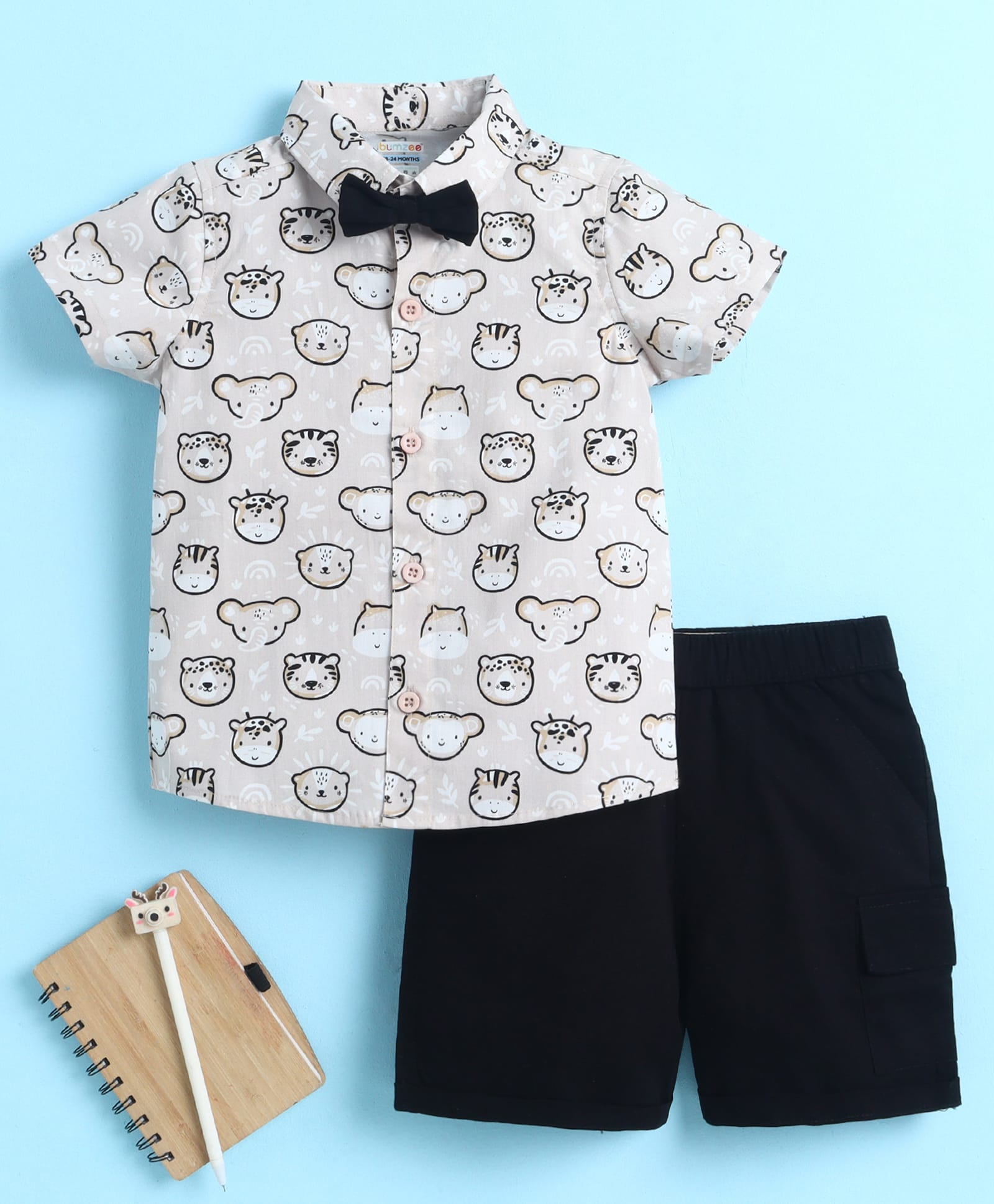 BUMZEE Cotton Knit Half Sleeves Animal Face Printed Shirt & Shorts Set With Detachable Bow - Beige & Black-image-12