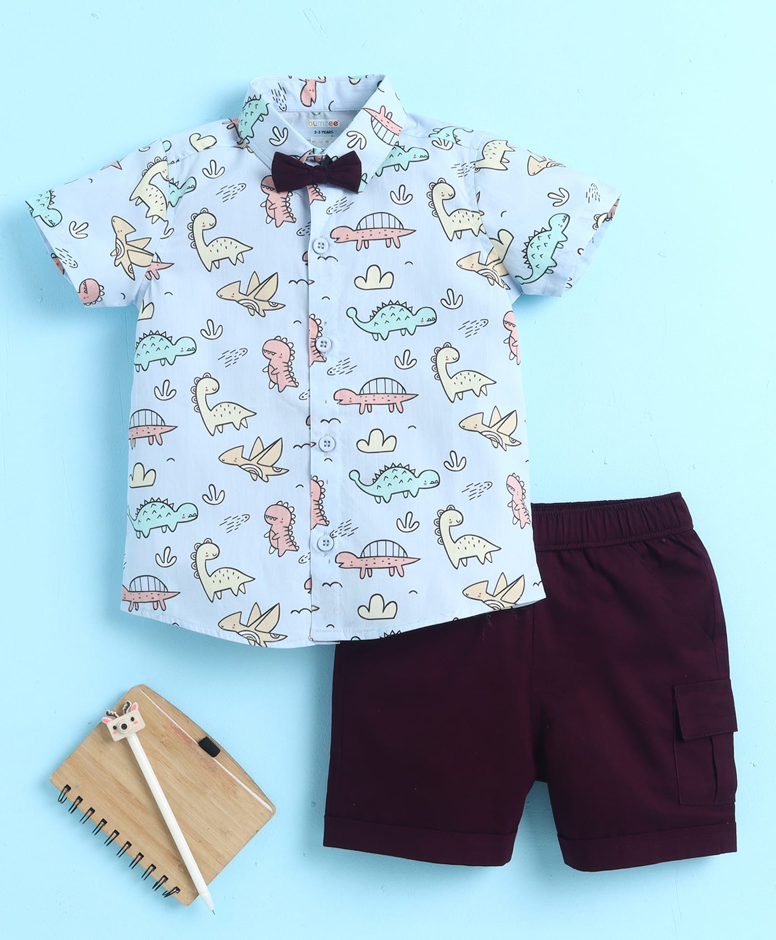 BUMZEE Cotton Knit Half Sleeves Dino Printed Shirt & Shorts Set With Detachable Bow - Sky Blue & Wine-image-32
