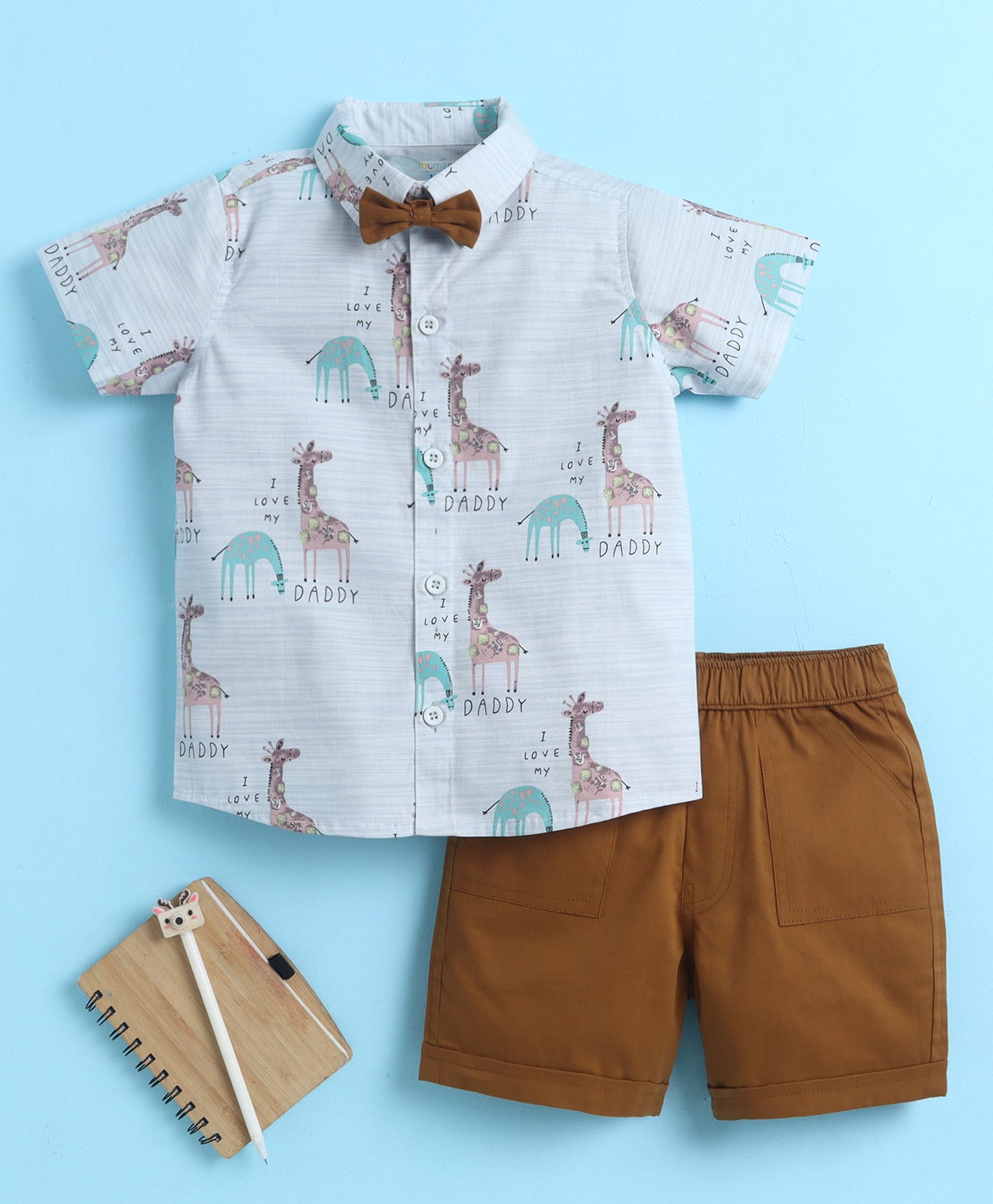 BUMZEE Cotton Knit Half Sleeves Giraffe Printed Shirt & Shorts Set With Detachable Bow - Sky Blue & Khaki-image-3