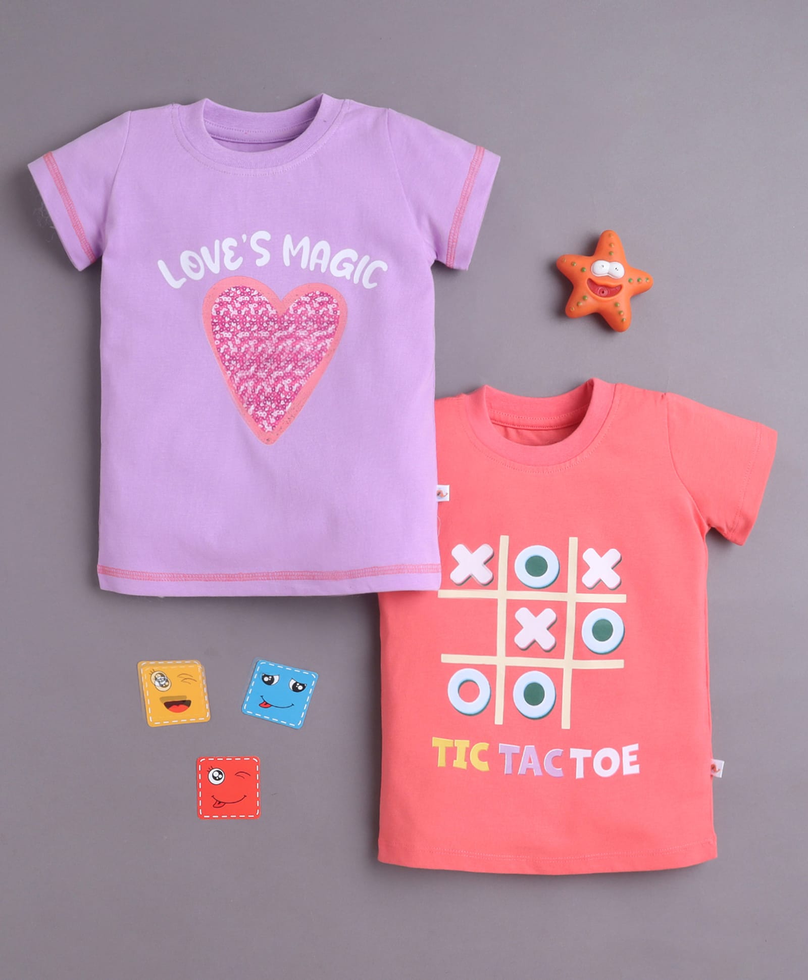 BUMZEE Cotton Woven Half Sleeves T-Shirt With Tic-Tac-Toe & Heart Print Pack of 2 - Purple & Coral-image-36