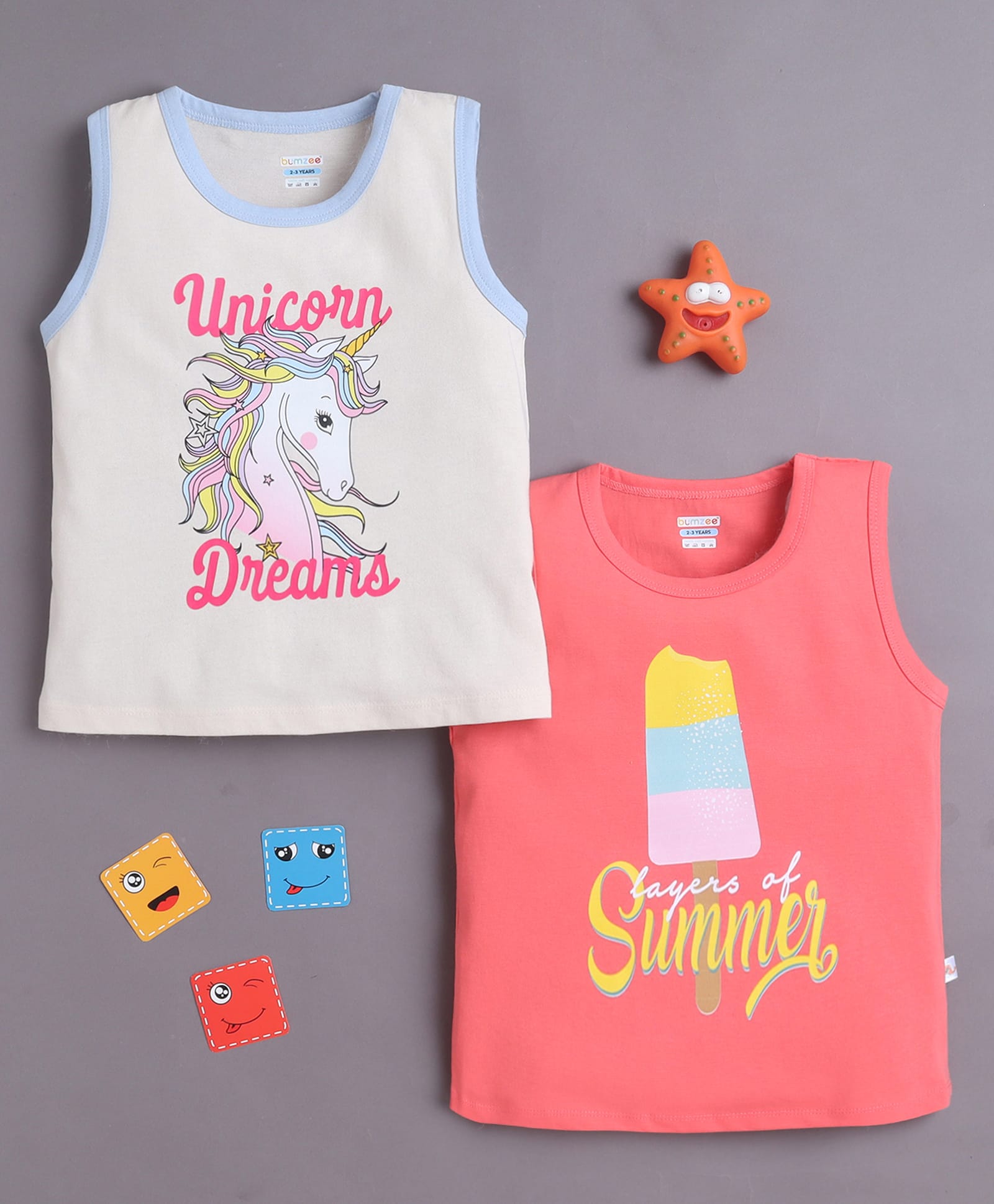 BUMZEE Cotton Woven Sleeveless T-Shirts With Unicorn & Ice-Cream Print Pack of 2 - Beige & Coral-image-39