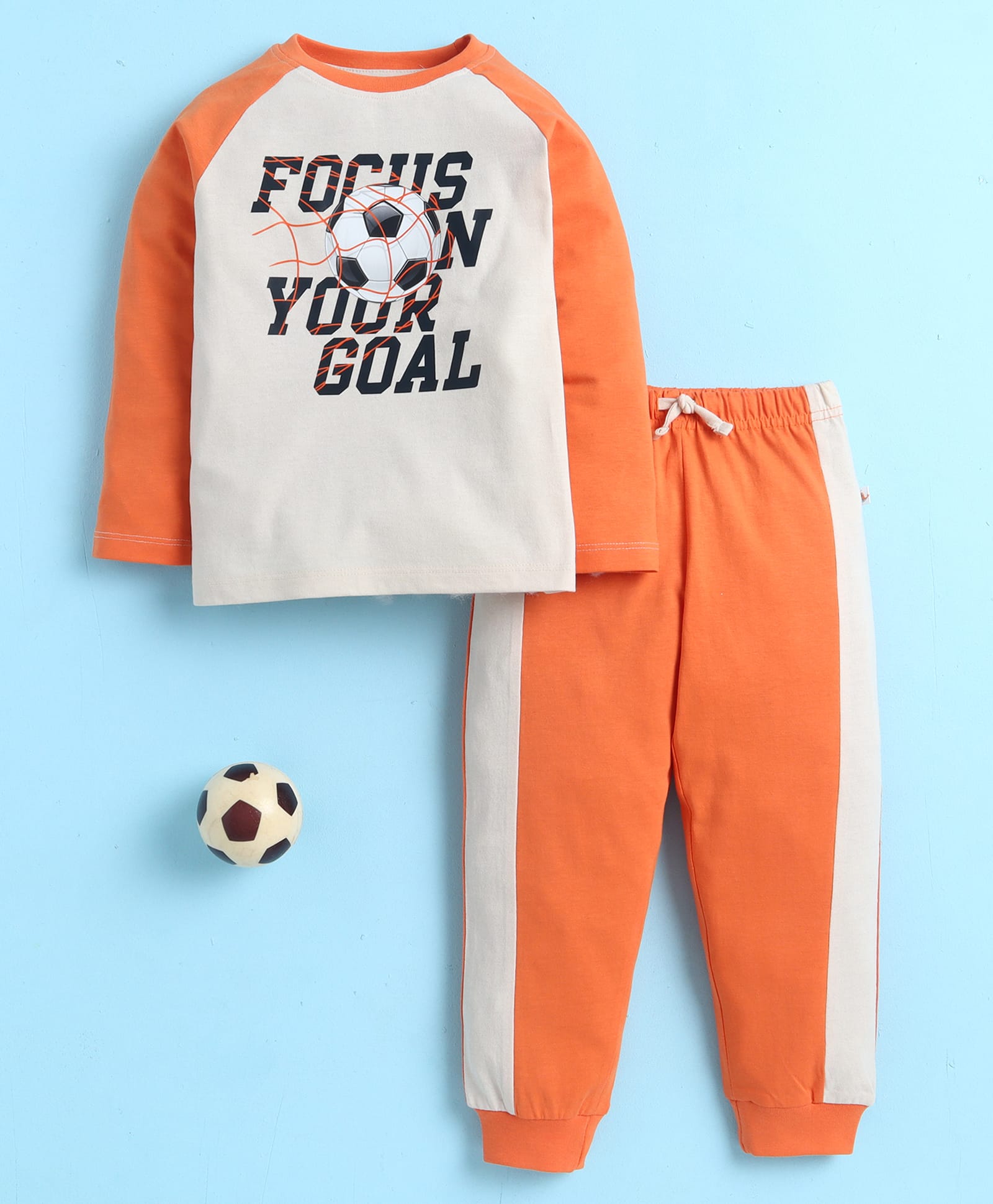 BUMZEE Cotton Woven Raglan Full Sleeves Shirt & Pyjama Night Suit With Football & Text Print - Orange & Beige-image-14
