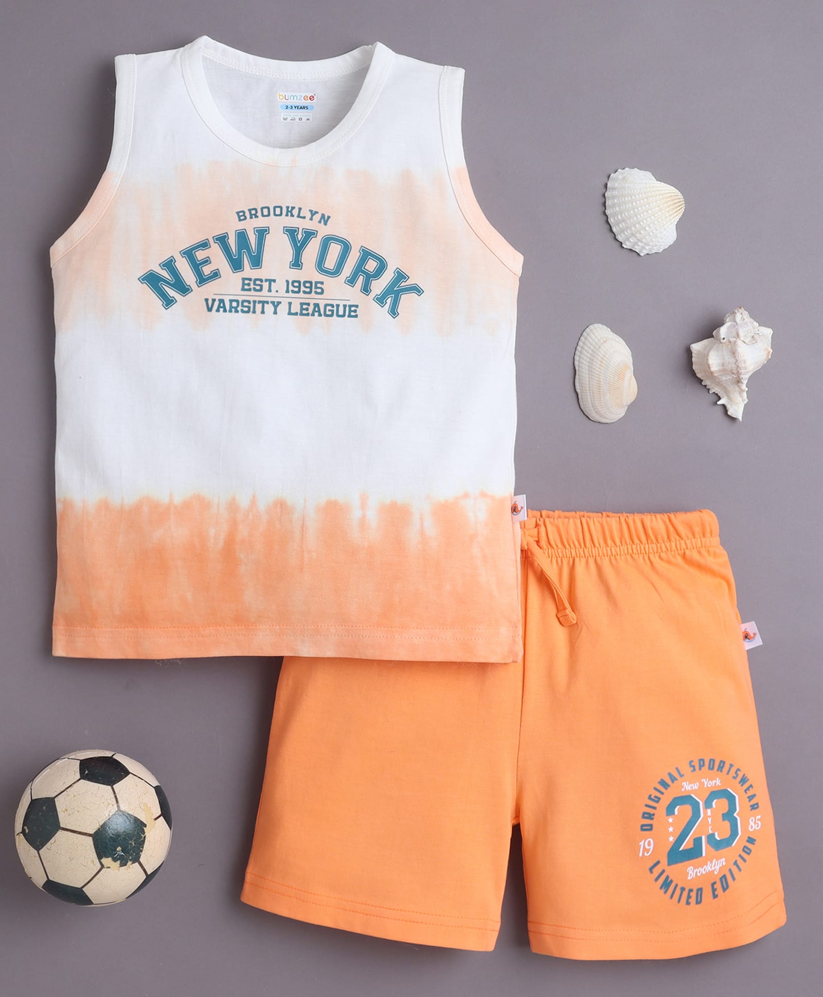 BUMZEE Cotton Knit Sleeveless Tie & Dye With Text Printed T-Shirt & Short Sets - Orange & Off White-image-2