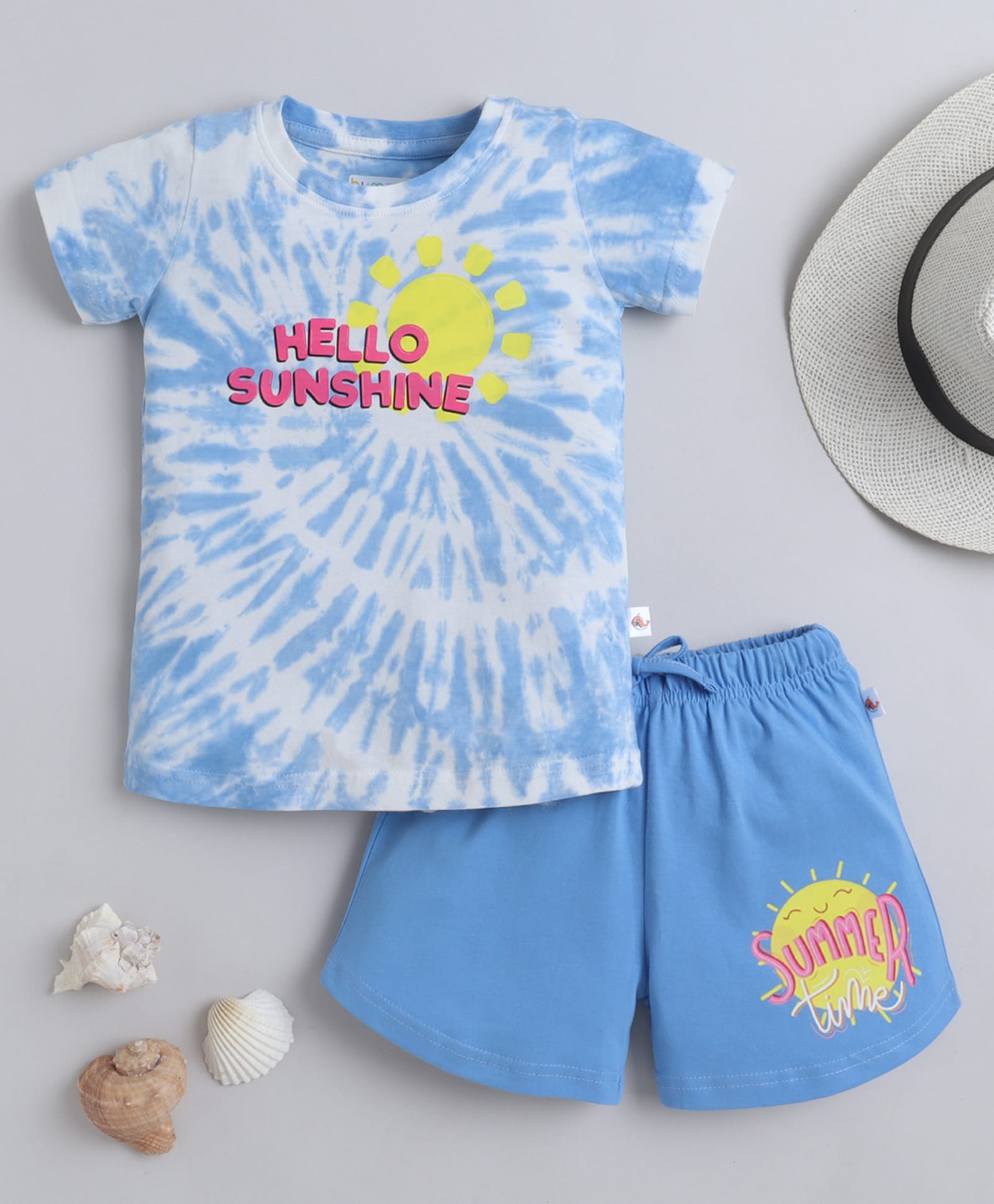 BUMZEE Cotton Knit Half Sleeves Tie & Dye With Text Printed T-Shirt & Shorts Set - Blue-image-20