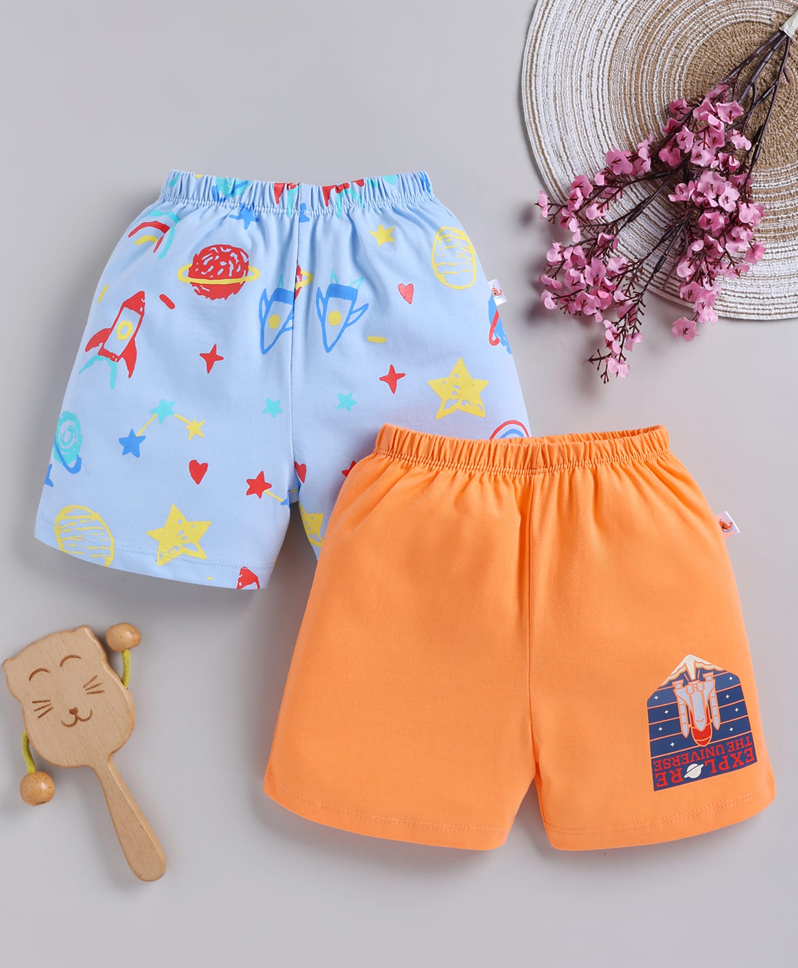 BUMZEE Cotton Knit Above Knee Length Shorts With Space Theme Pack of 2 - Orange & Sky Blue-picture-18