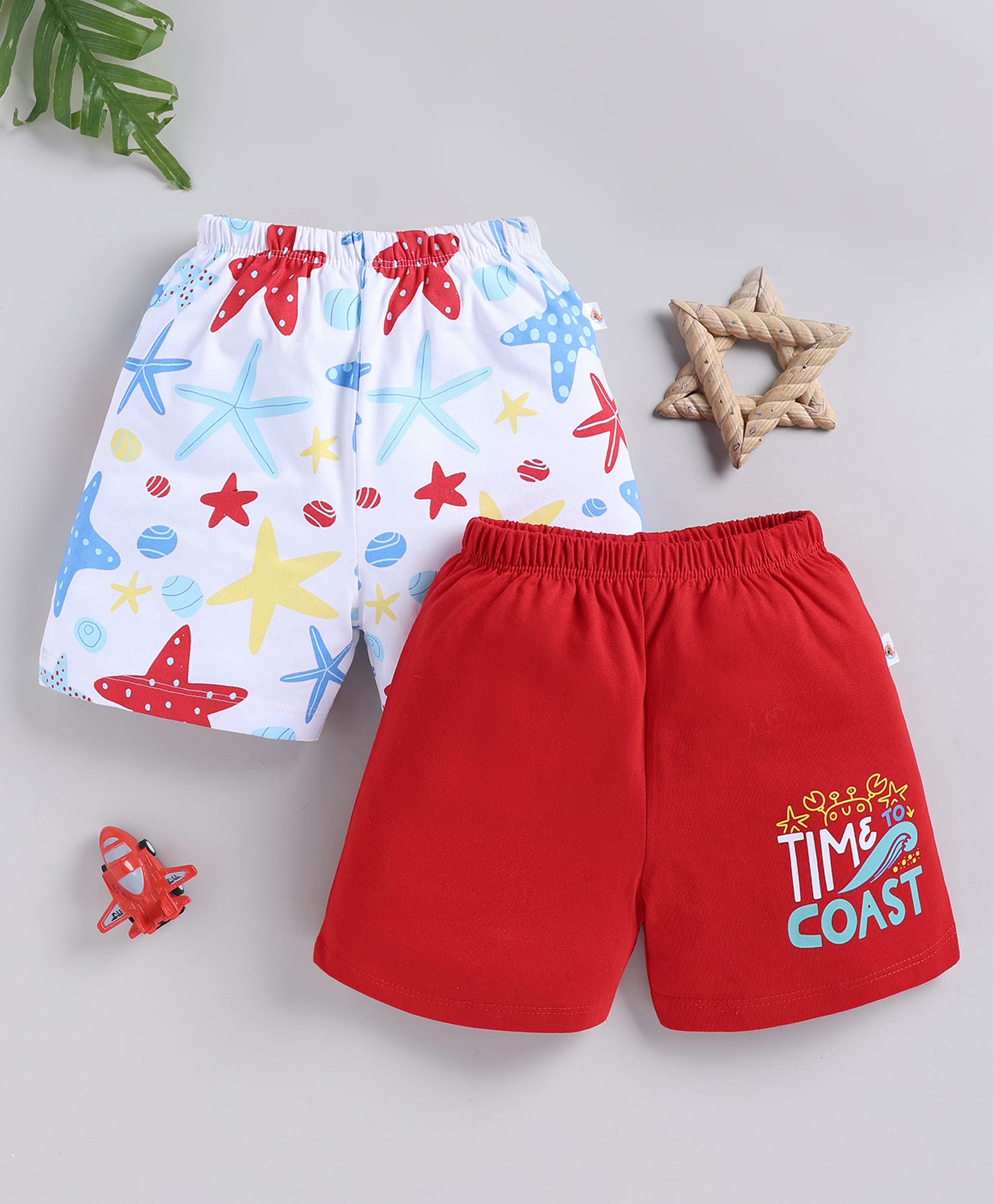 BUMZEE Cotton Woven Above Knee Length Shorts With Sea Life Theme Pack of 2 - Red & White-picture-22