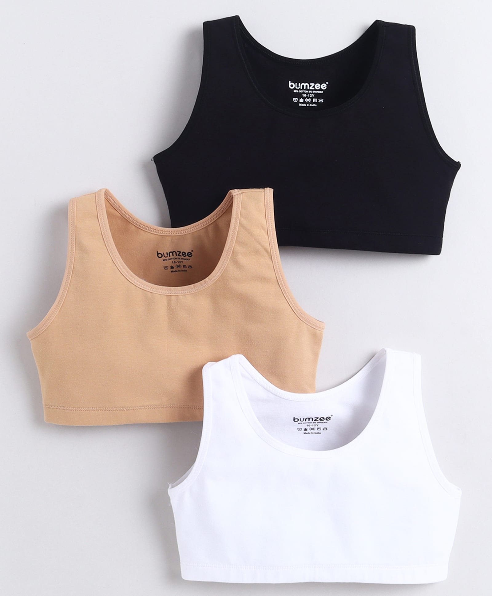 BUMZEE Cotton Woven Non Padded Non Wired Solid Color Beginners Bra Pack of 3 - Black White & Beige-picture-34