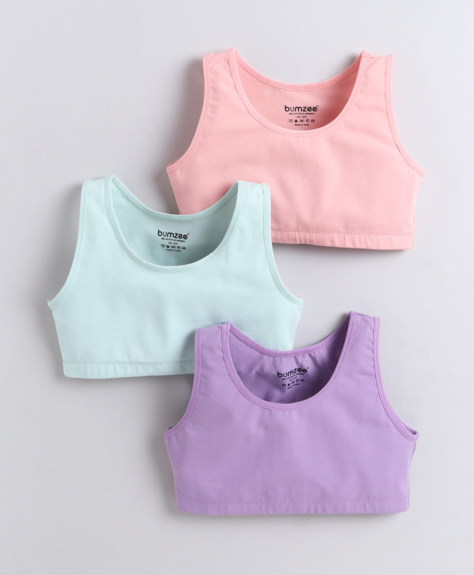 BUMZEE Cotton Woven Sleeveless Non Padded Non Wired Solid Color Beginners Bra Pack of 3 - Lavender Light Blue & Peach-picture-24
