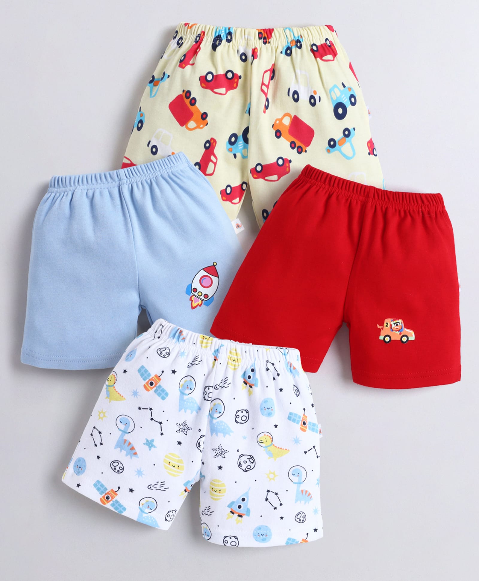 BUMZEE Cotton Woven Above Knee Length Space Theme & Vehicle Printed Shorts Pack of 4 - Red & Light Blue-picture-11