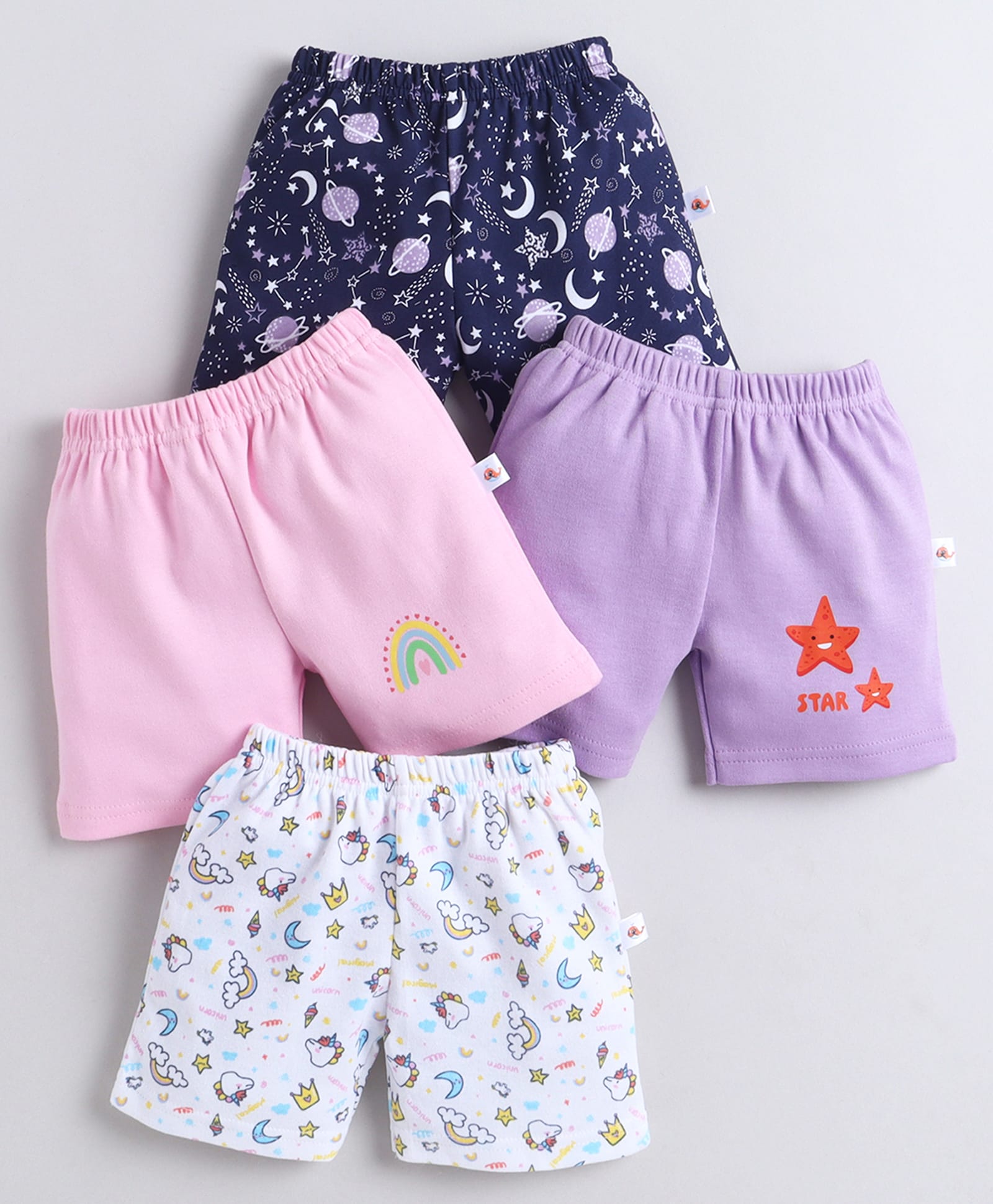 BUMZEE Cotton Woven Above Knee Length Unicorn & Space Theme Printed Shorts Pack of 4 - Pink & Lavender-picture-15