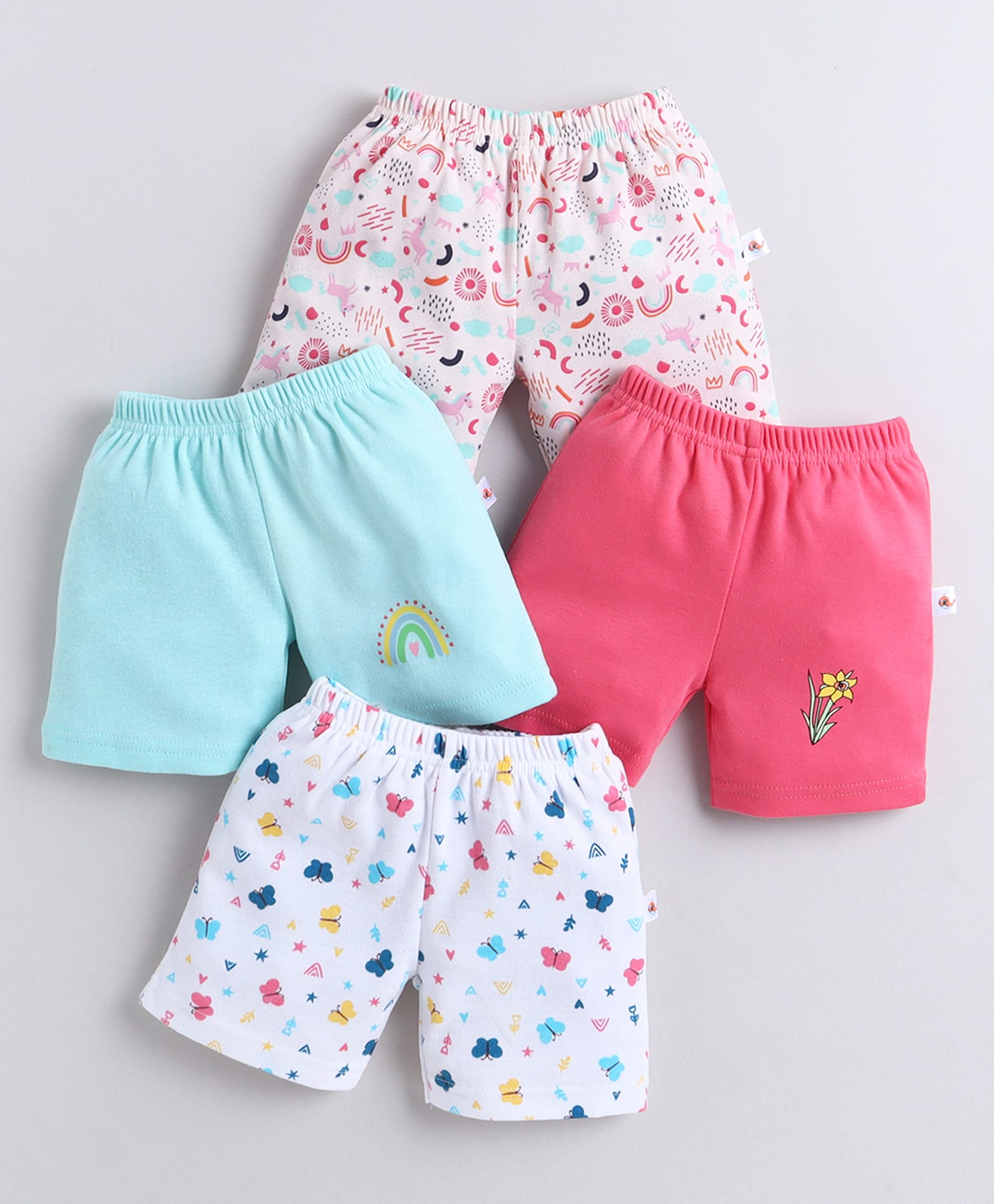 BUMZEE Cotton Woven Above Knee Length Butterfly & Unicorn Printed Shorts Pack of 4 - Pink & Mint Green-image-40