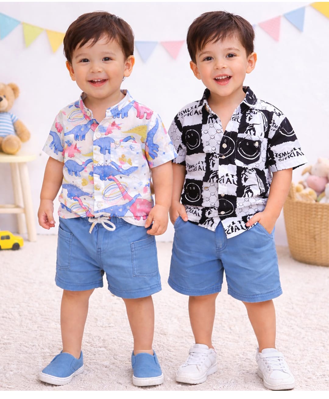 Googo Gaaga Cotton Woven Pack Of 2 Half Sleeves Smiley Checked & Dinosaurs Printed Shirt & Shorts Set - White & Black-picture-23