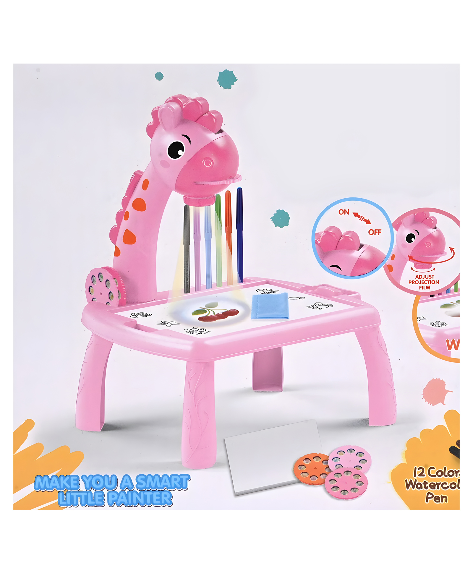 YAMAMA Giraffe Projection Painting With 12 Colors Watercolor Pen, 3 Projection Slide with 24 patterns, Children LED Cartoon Patterns Projector Drawing Table for Kids - Pink-image-25