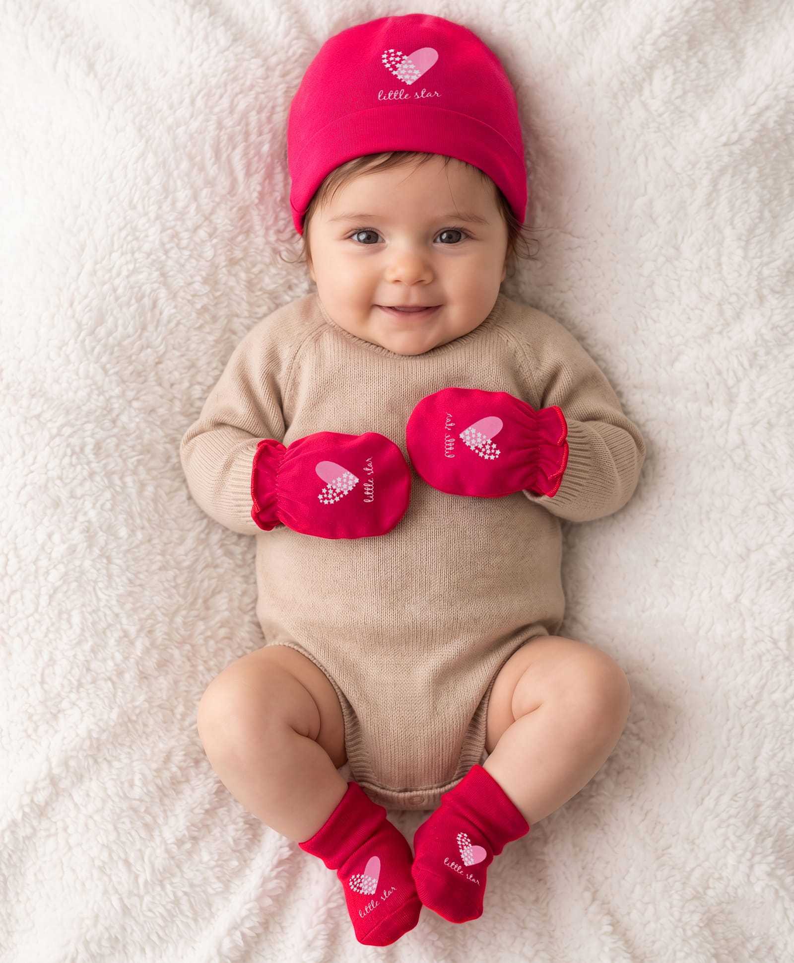 Doodle Poodle 100% Cotton Interlock Knit Cap Mittens & Booties with Heart Print Dark Pink - Diameter 17.5 cm-image-30
