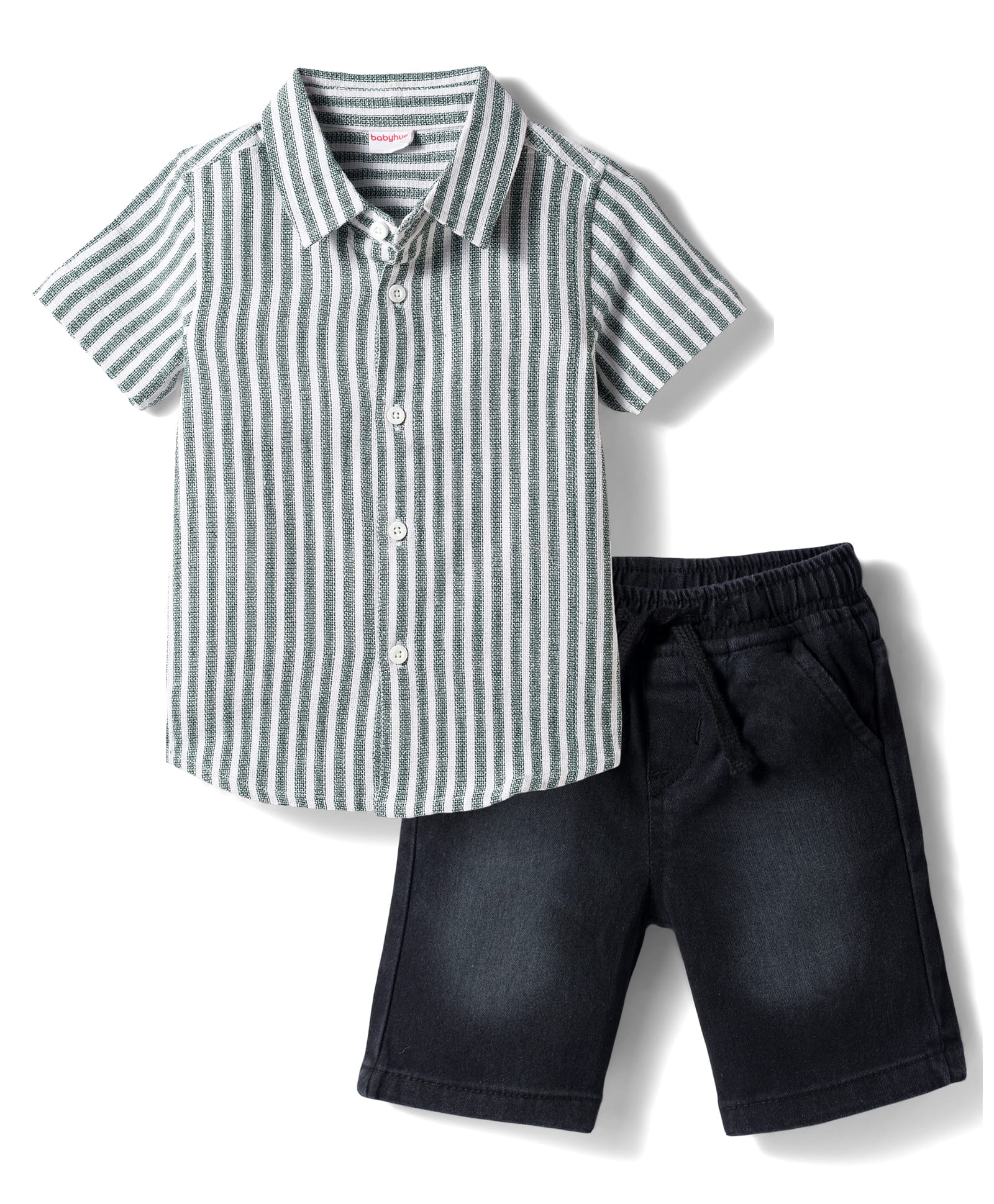Babyhug Cotton Woven Half Sleeves Striped Shirt & Denim Shorts Set - Olive Green & Black-image-1