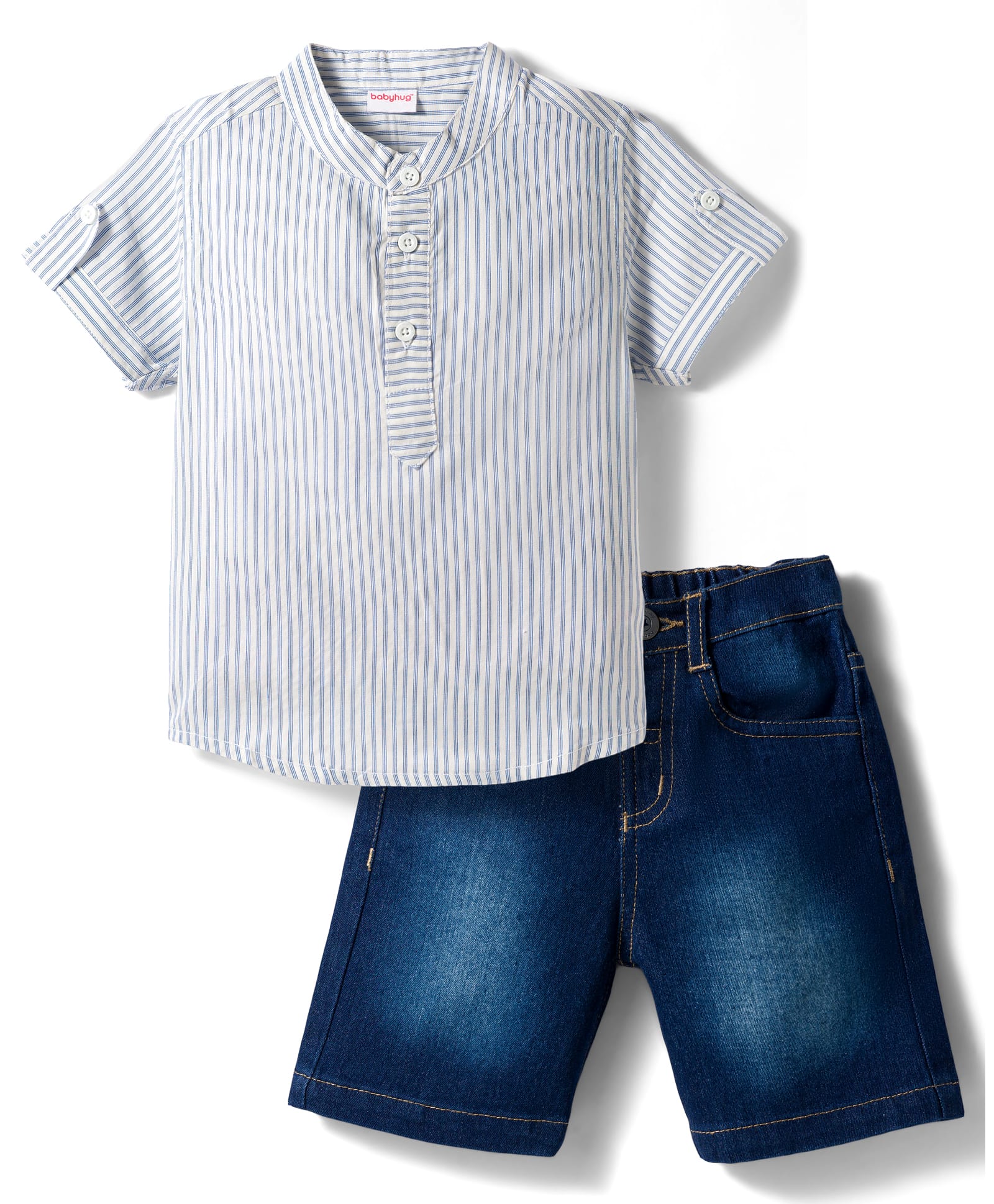 Babyhug Cotton Woven Half Sleeves Striped Kurta Style Shirt & Denim Shorts Set - Blue-image-11