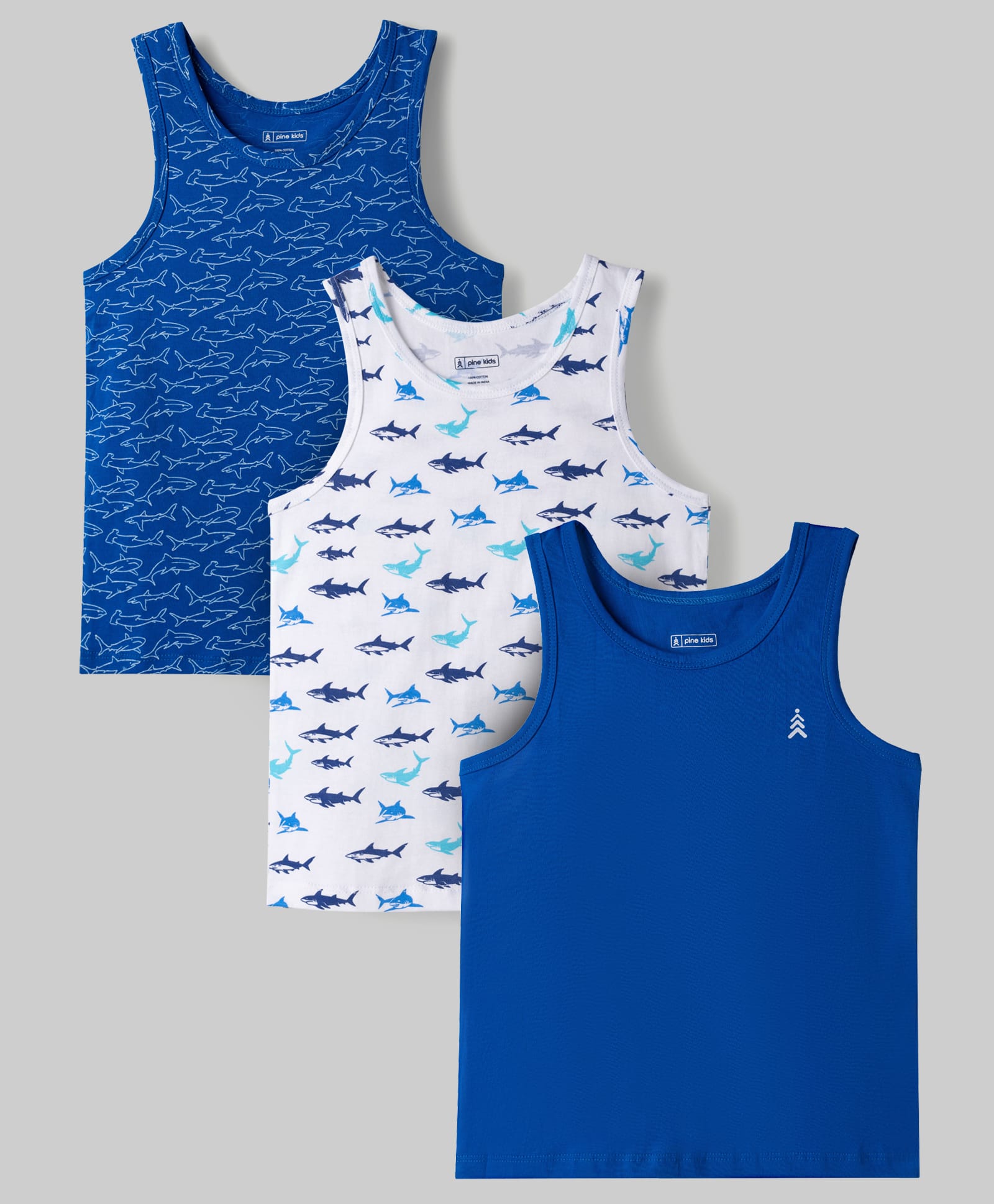 Pine Kids Cotton Lycra Knit Sleeveless Vests With Shark Print Pack of 3 - Multicolor-picture-10
