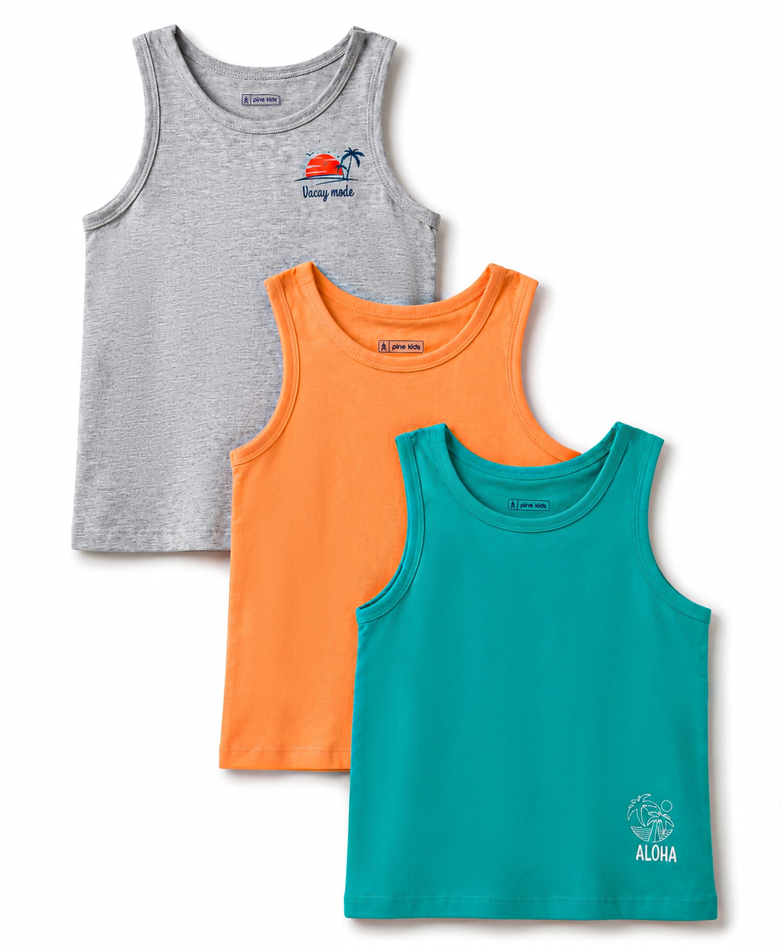 Pine Kids Cotton Lycra Knit Sleeveless Solid Vests Pack of 3 - Multicolor-image-37
