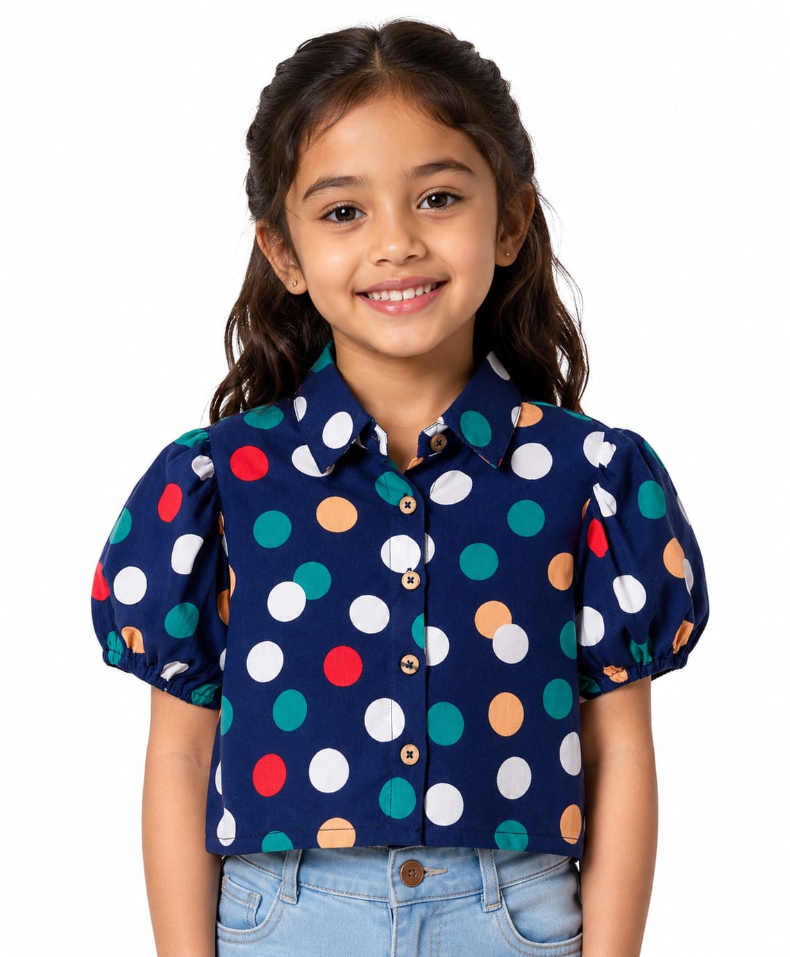 CrayonFlakes Rayon Woven Half Puffed Sleeves Polka Dots Printed Top - Navy Blue-picture-14