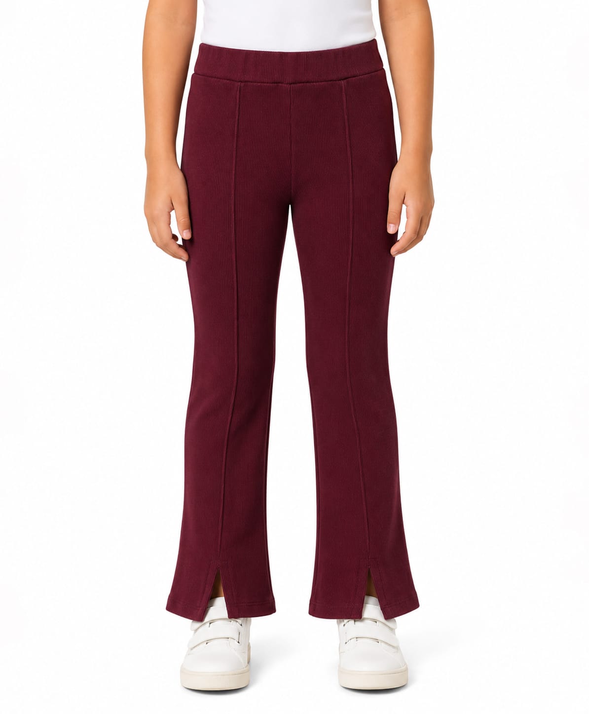 CrayonFlakes Cotton Knit Front Slit Detailed Solid Flared Pants - Wine-picture-17
