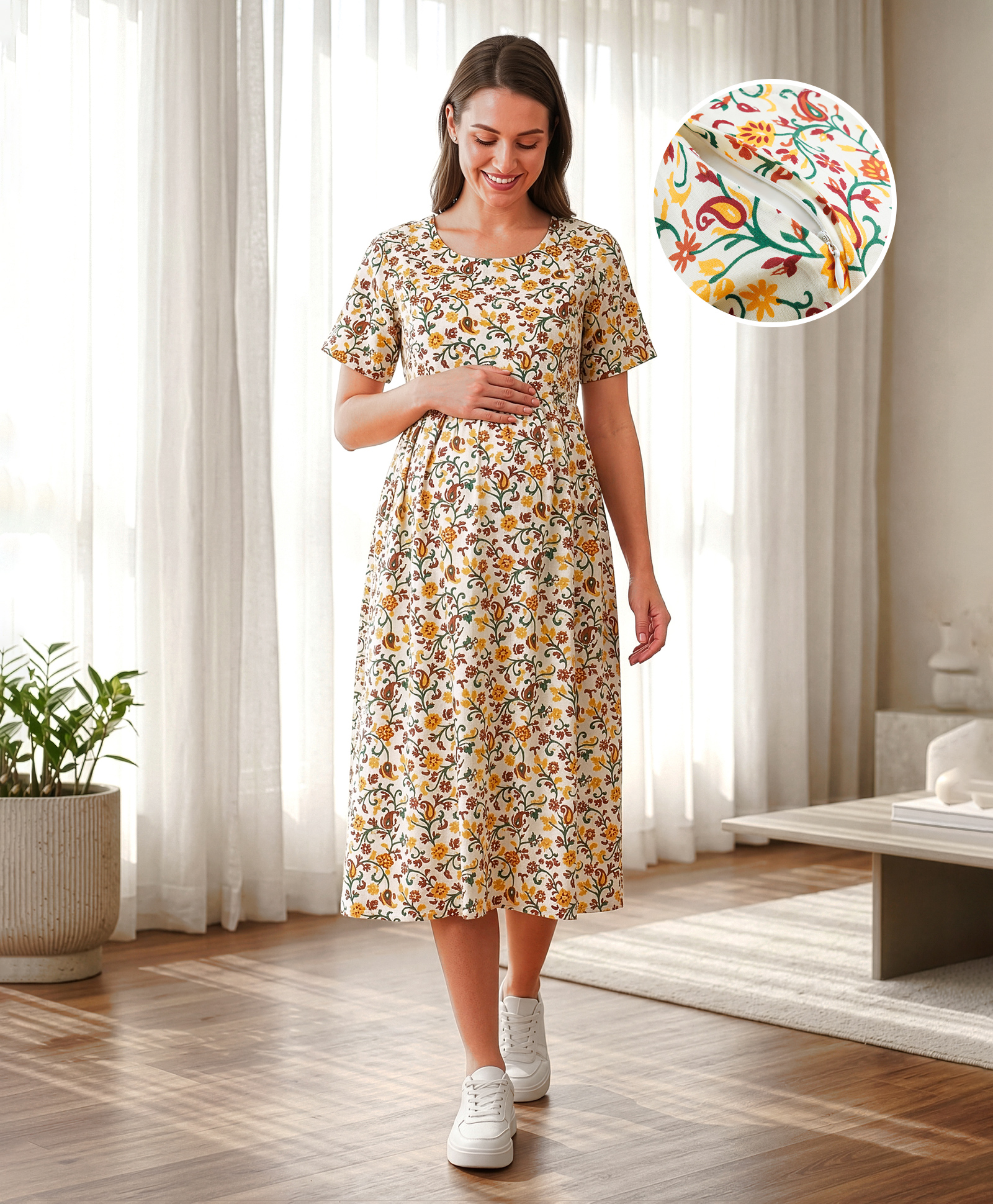 Bella Mama Viscose Woven Half Sleeves Floral Printed Maternity Dress - White-image-40