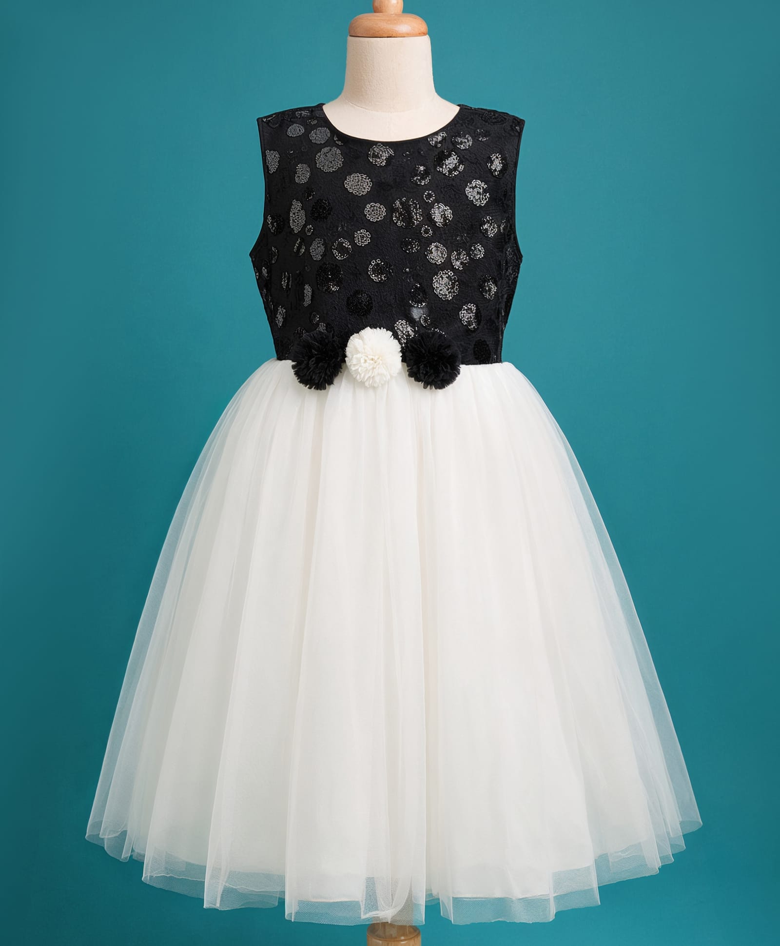 Pine Kids Mesh Woven Sleeveless Party Dress with Sequin Detailing & Floral Applique - Black-image-38