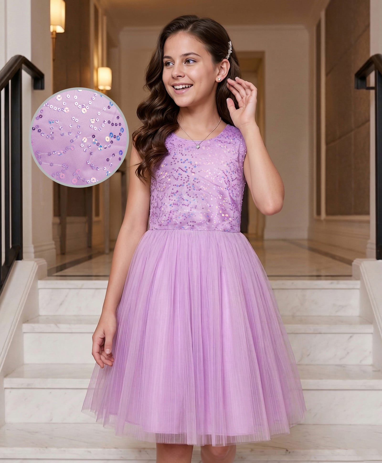 Pine Kids Mesh Woven Sleeveless Party Dress with Sequin Detailing - Purple-picture-13