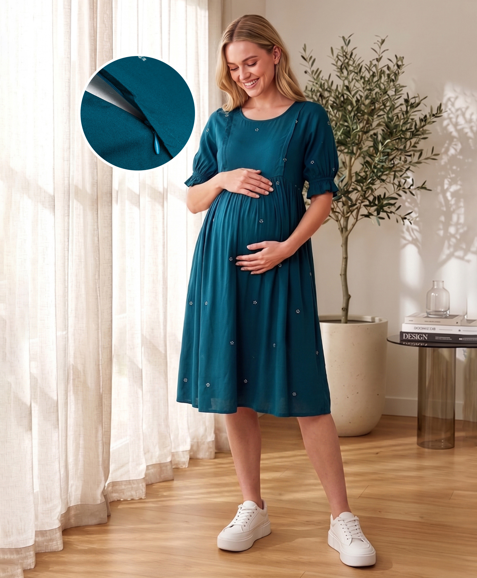 Bella Mama Woven Half Sleeves Floral Printed Maternity Dress - Teal Blue
