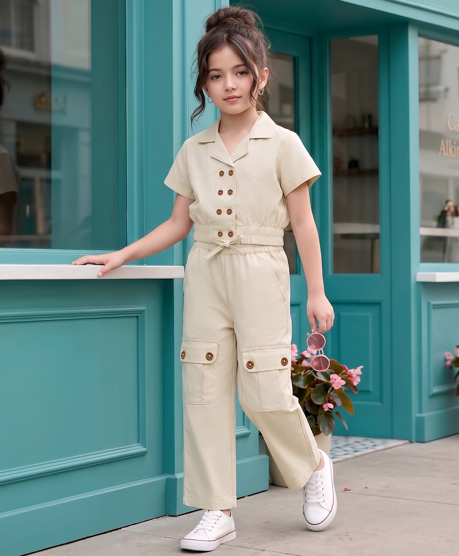 OLLINGTON ST. Woven Half Sleeves Co-Ord Top & Culottes With Button Detailing - Beige-image-12