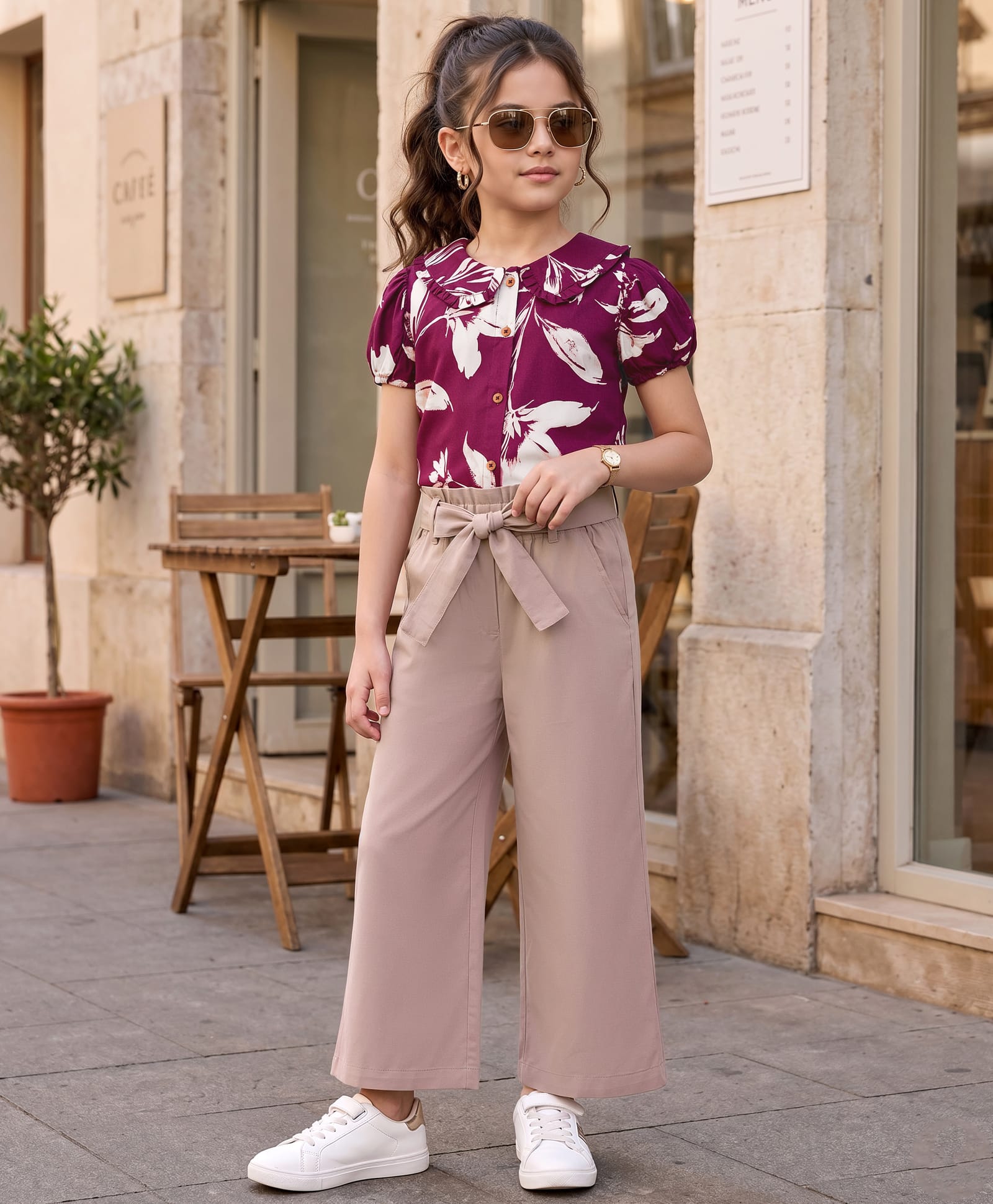 OLLINGTON ST. Woven Viscose Printed Half Sleeves Top & Culottes Set With Belt - Multicolour & Brown-image-16