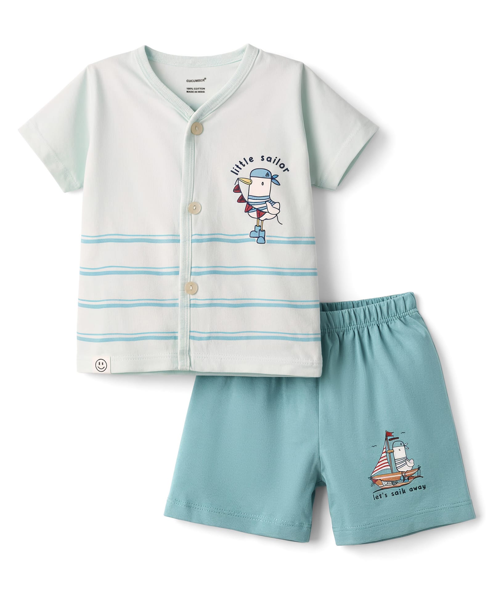 CUCUMBER Knit Half Sleeves T-Shirt & Shorts Set with Seagull Print - Light Blue-picture-46