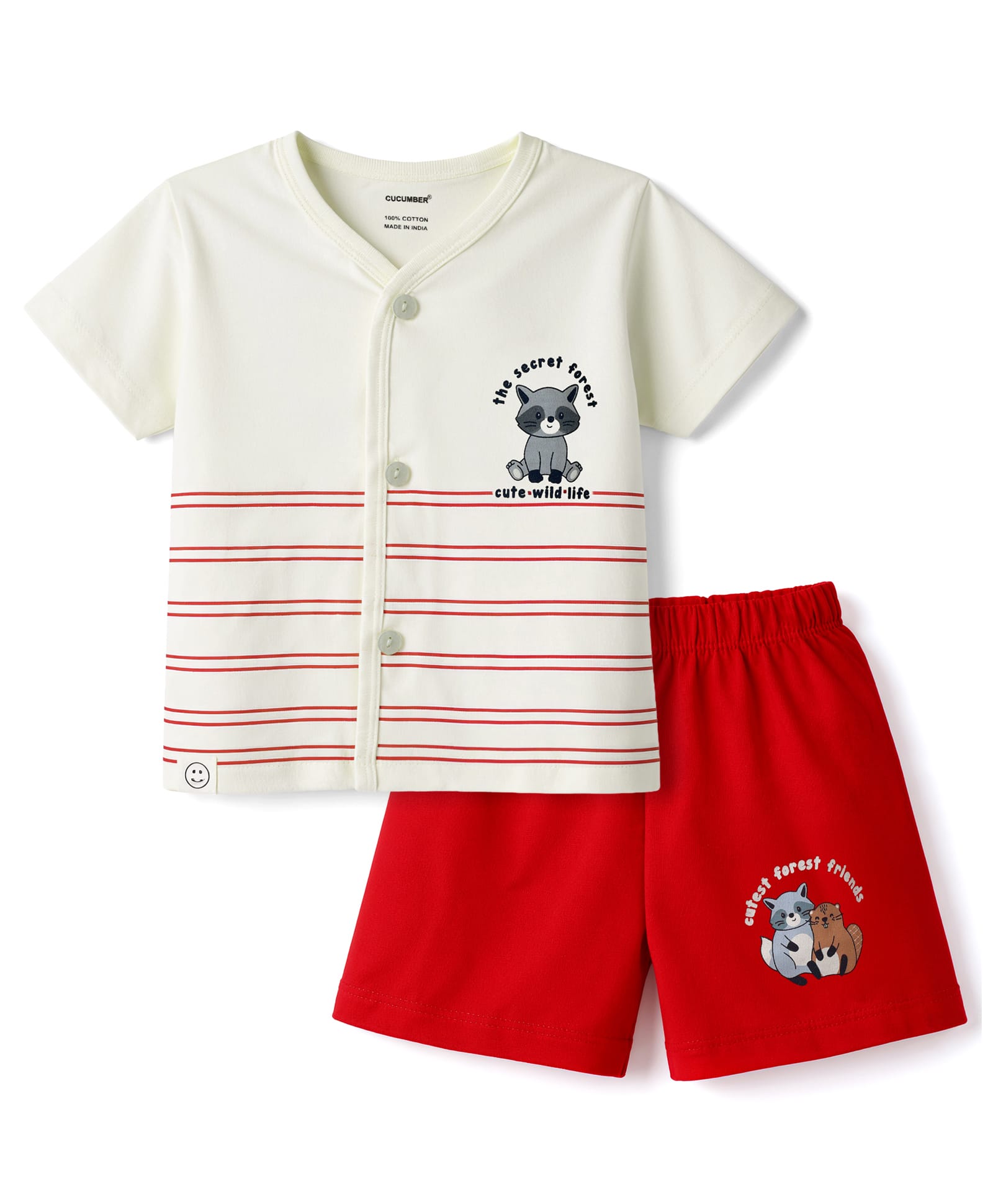CUCUMBER Knit Half Sleeves T-Shirt & Shorts Set with Raccoon Print - Off White-image-37