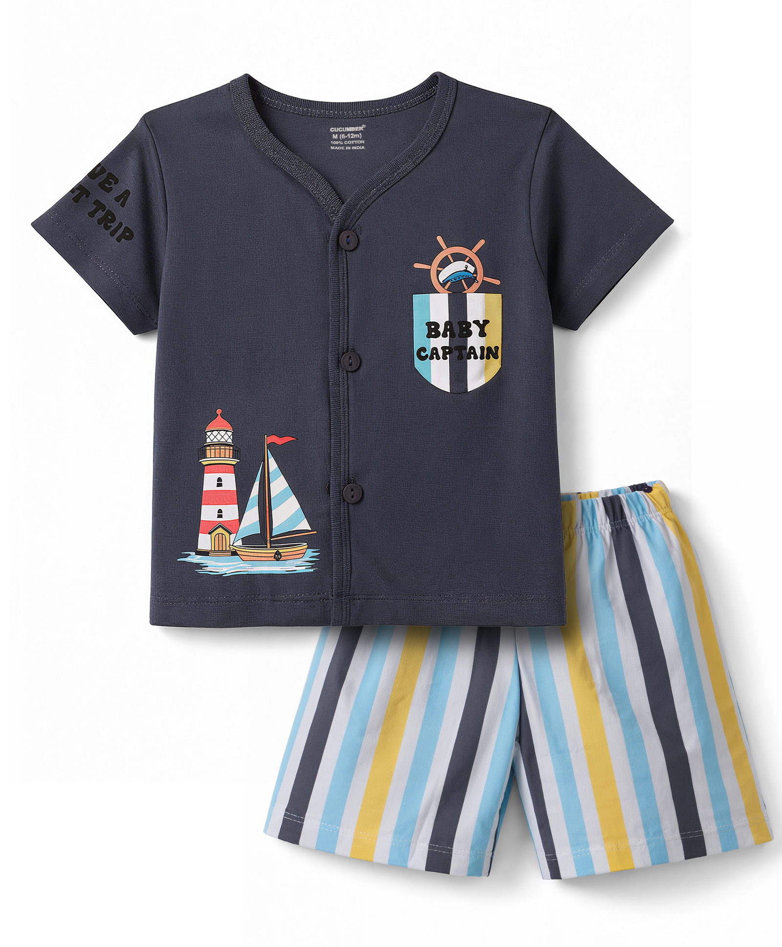 CUCUMBER Knit Half Sleeves T-Shirt & Shorts Set with Nautical Print - Navy Blue-picture-35