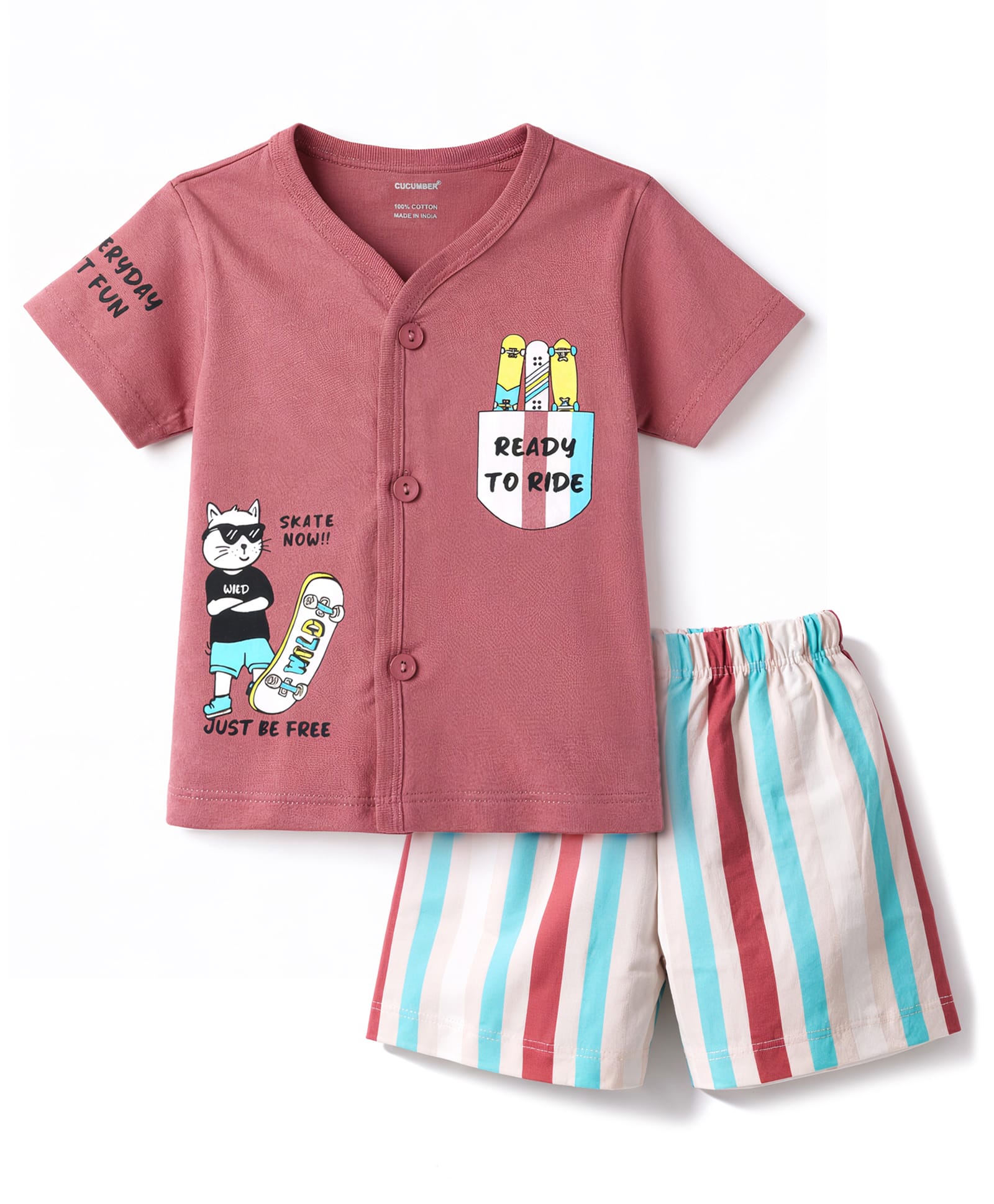 CUCUMBER Knit Half Sleeves T-Shirt & Shorts Set with cat Print - Pink-picture-35
