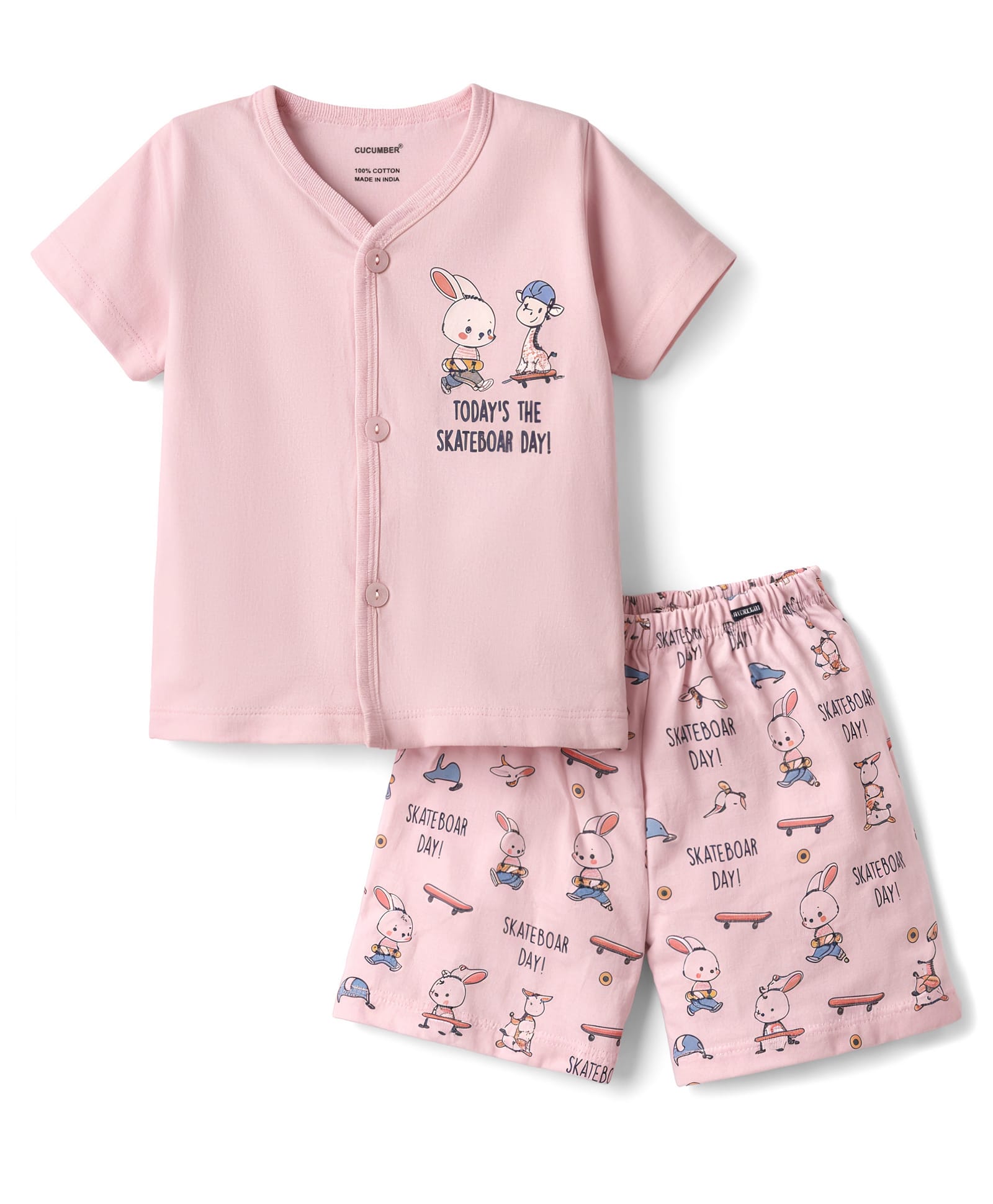 CUCUMBER Knit Half Sleeves T-Shirt & Shorts Set with Bunny Print - Baby Pink-picture-16