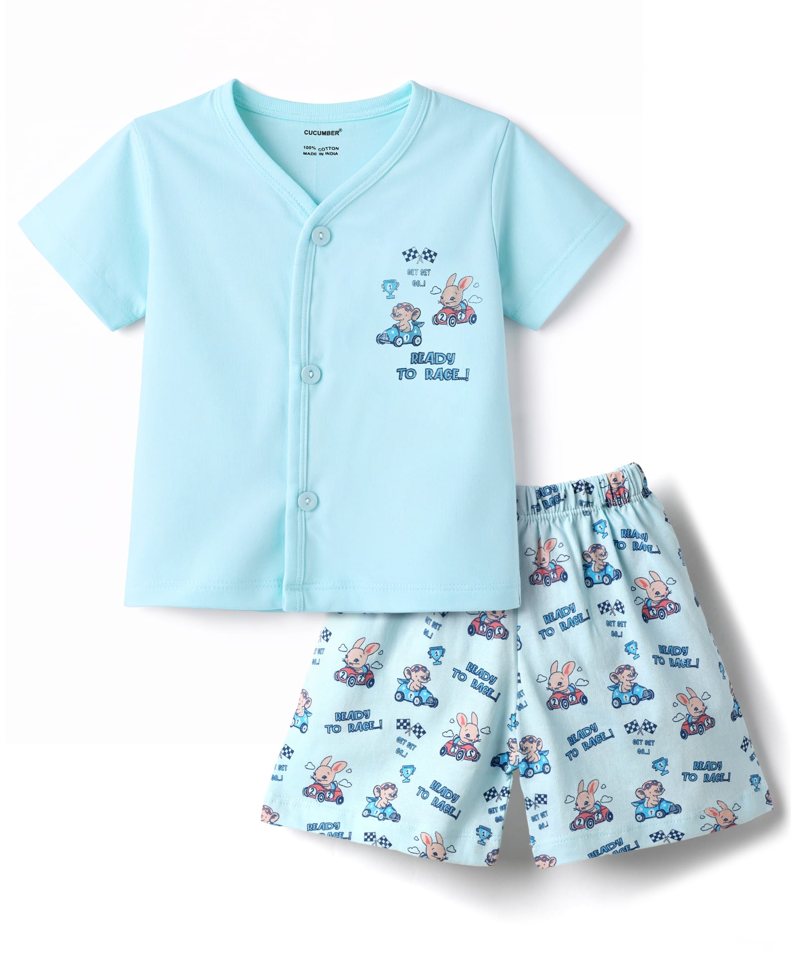 CUCUMBER Knit Half Sleeves T-Shirt & Shorts Set with Animal Print - Light Blue-picture-19