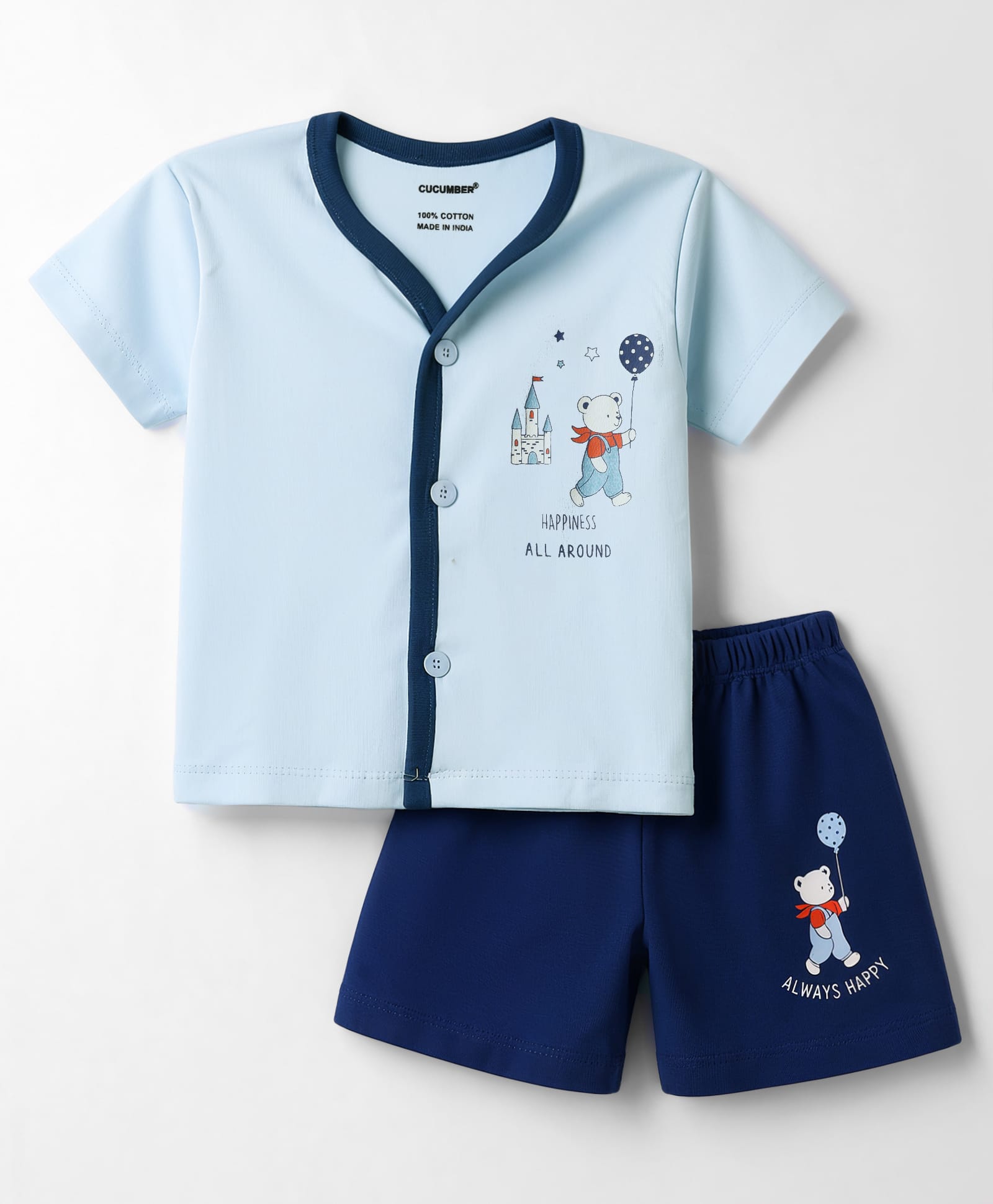 CUCUMBER Knit Half Sleeves T-Shirt & Shorts Set with Teddy Print - Light Blue-picture-44